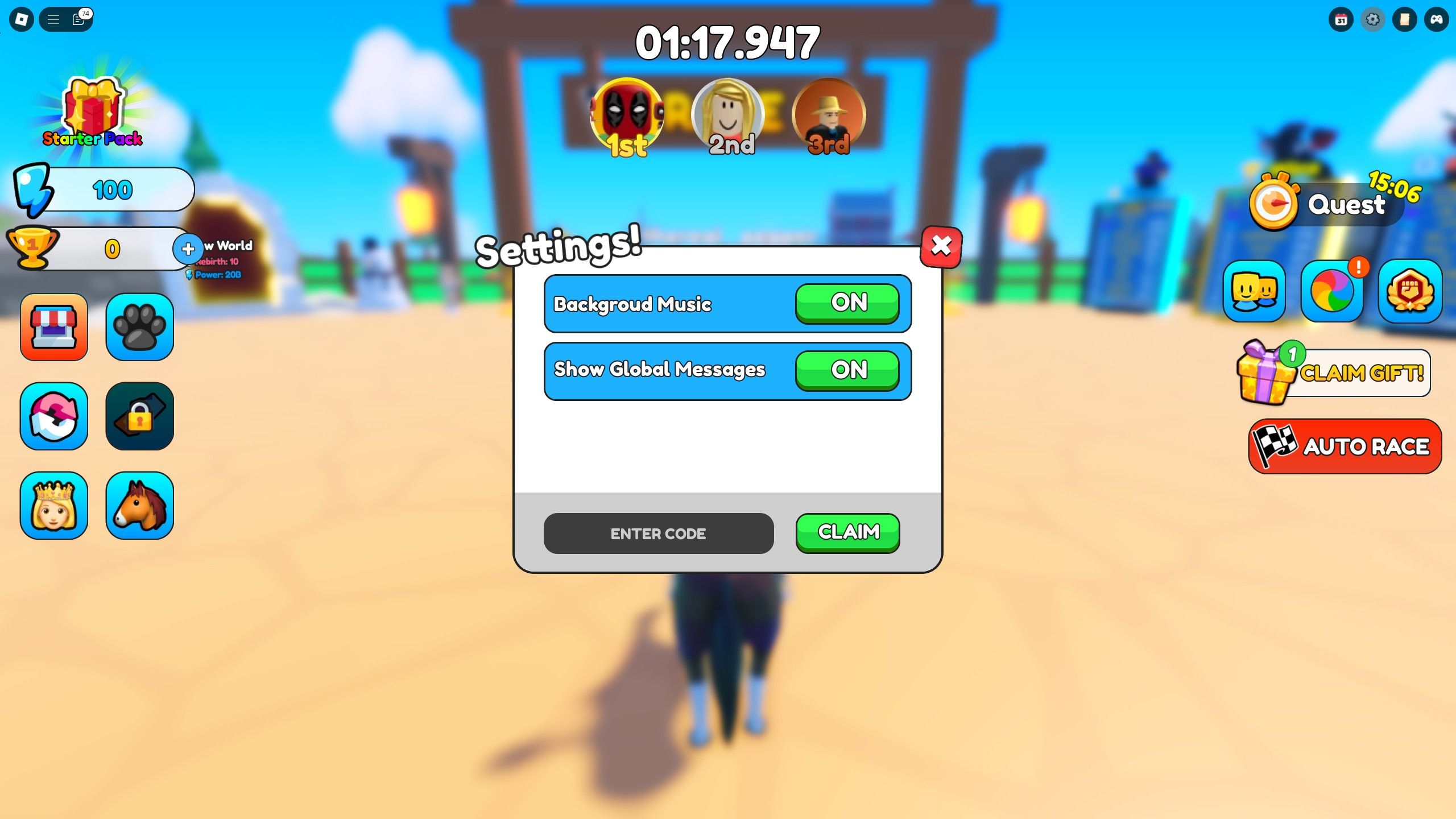 the codes box in Horse Race on Roblox