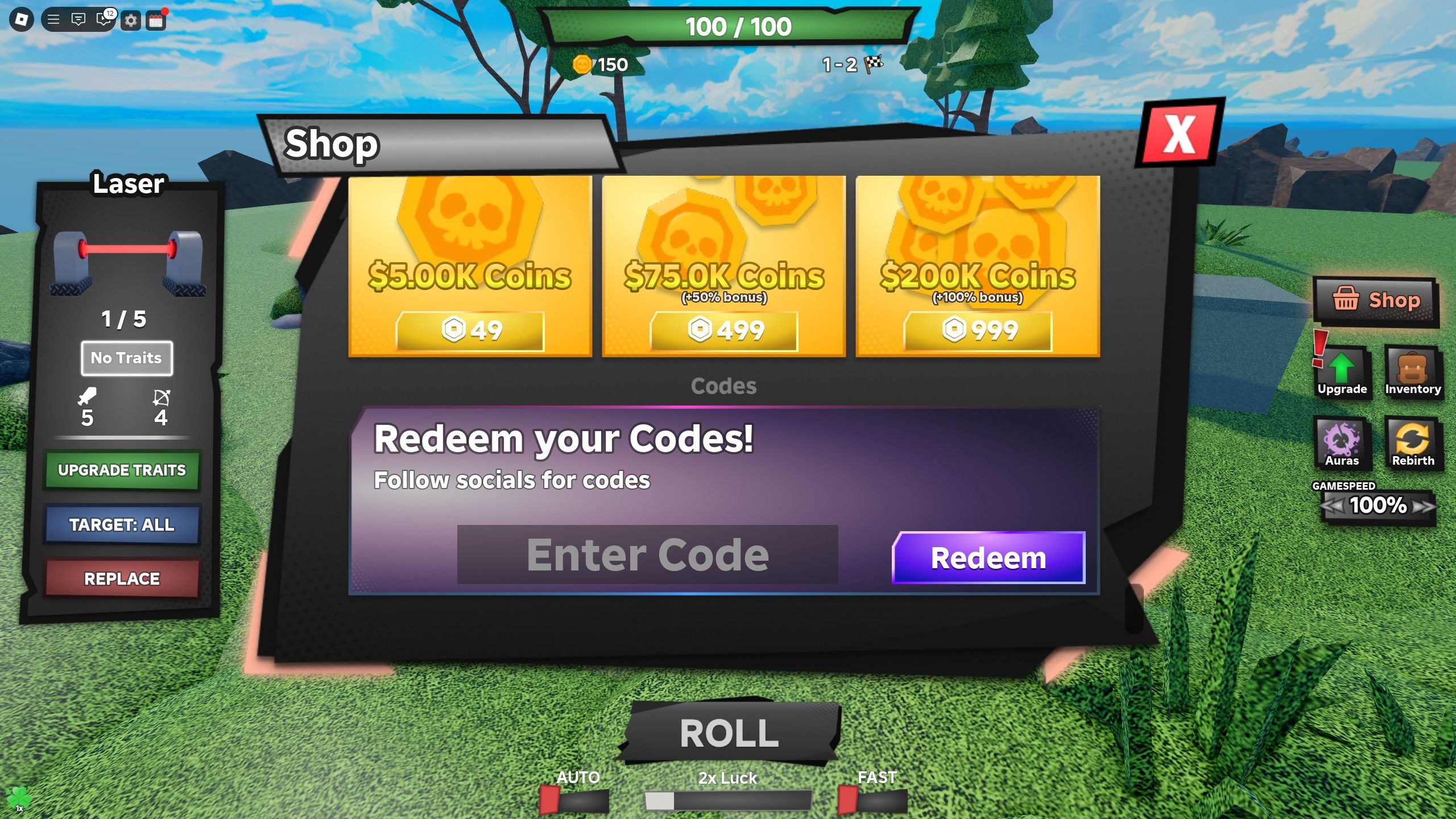 the codes box in Tower Defense RNG on Roblox