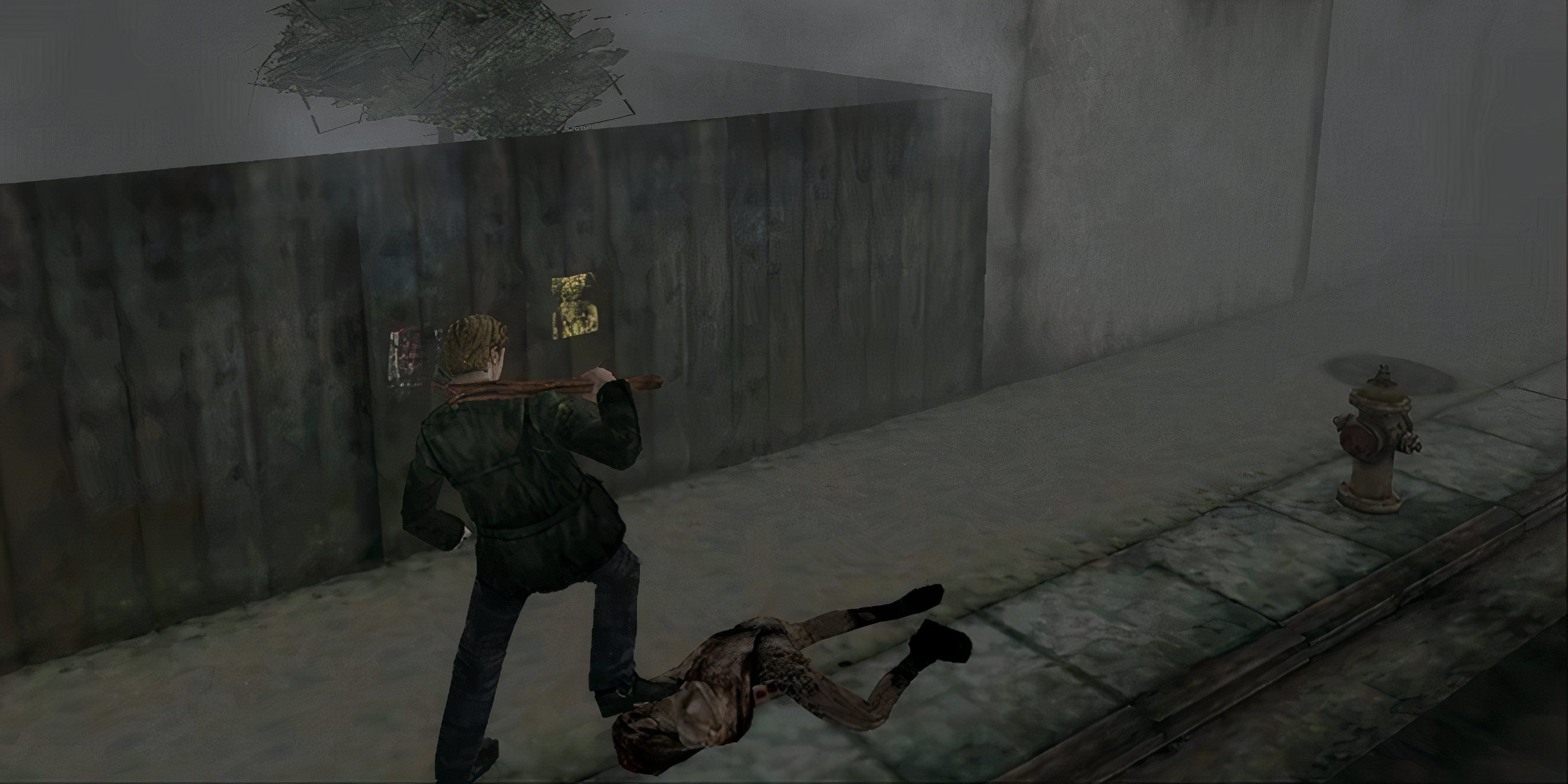 Silent Hill 2 - James stomping on a crawling Lying Figure enemy in the original Silent Hill 2.
