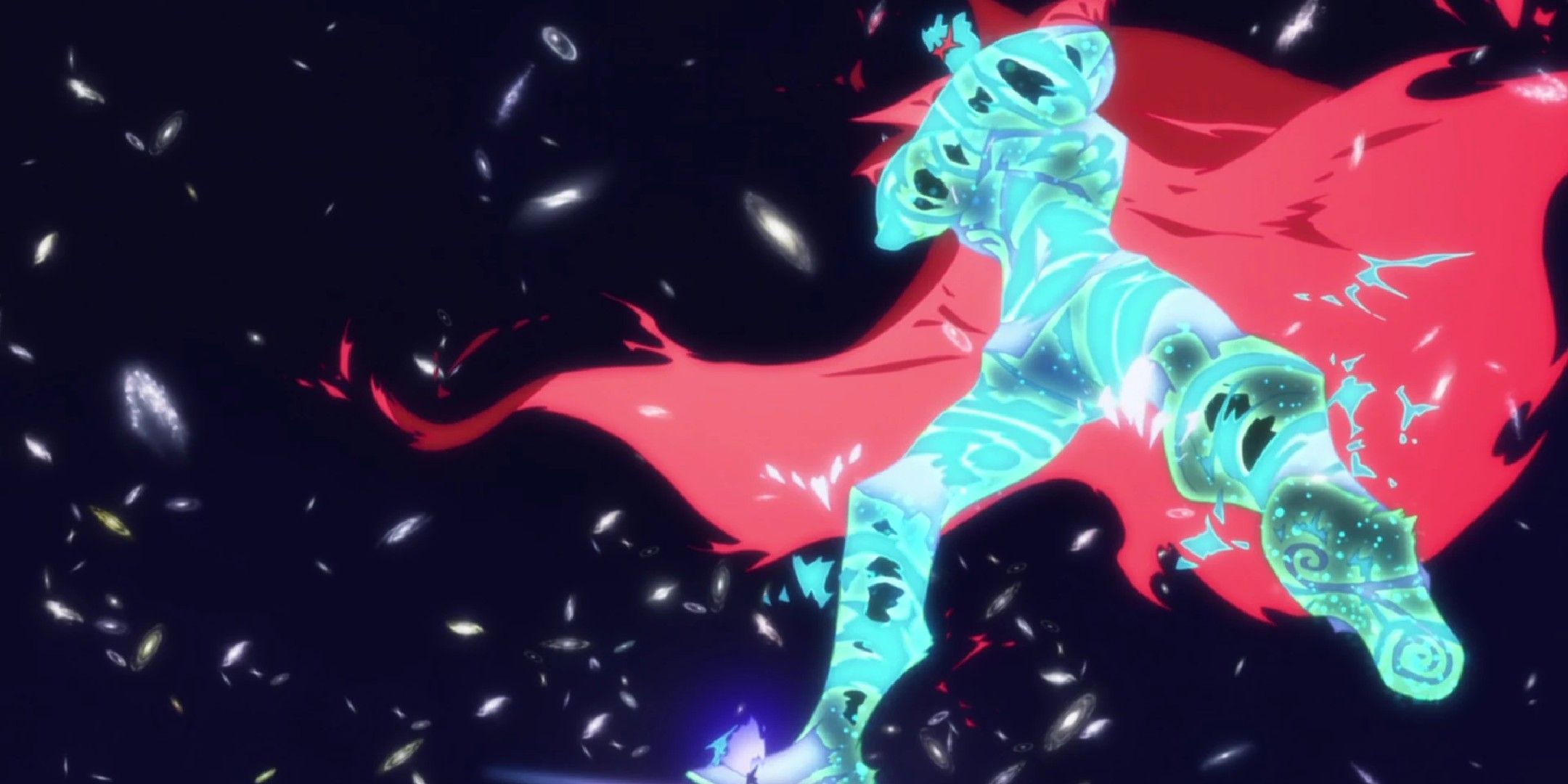 A teal and red universe-sized being looms large in space, surrounded by galaxies in Tengen Toppa Gurren Lagann.