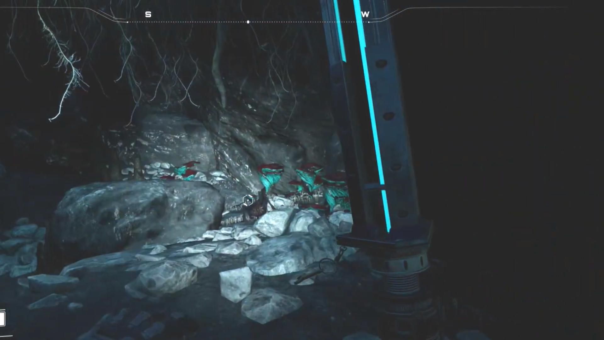 Character holding a Xeno Basher inside the Biofuel Cave in Satisfactory.