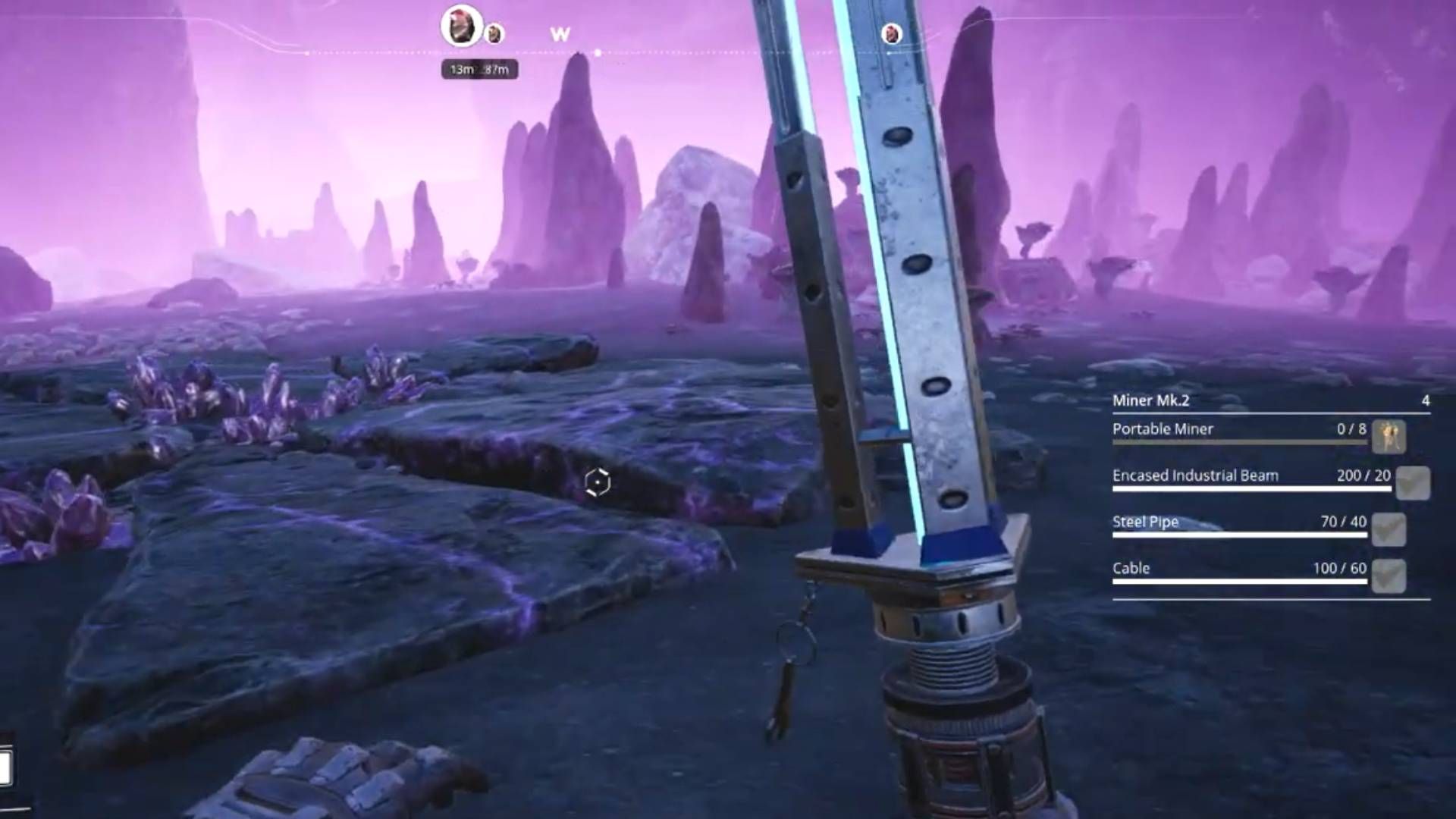 Character holding a Xeno Basher inside the Quartz Cave in Satisfactory.
