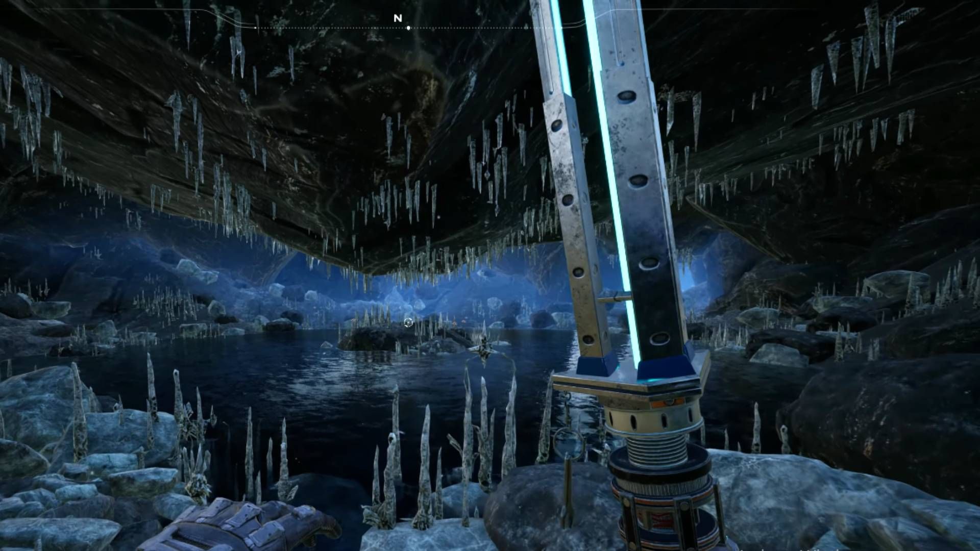 Character Holding a Xeno Basher inside the Waterfall Cave in Satisfactory.