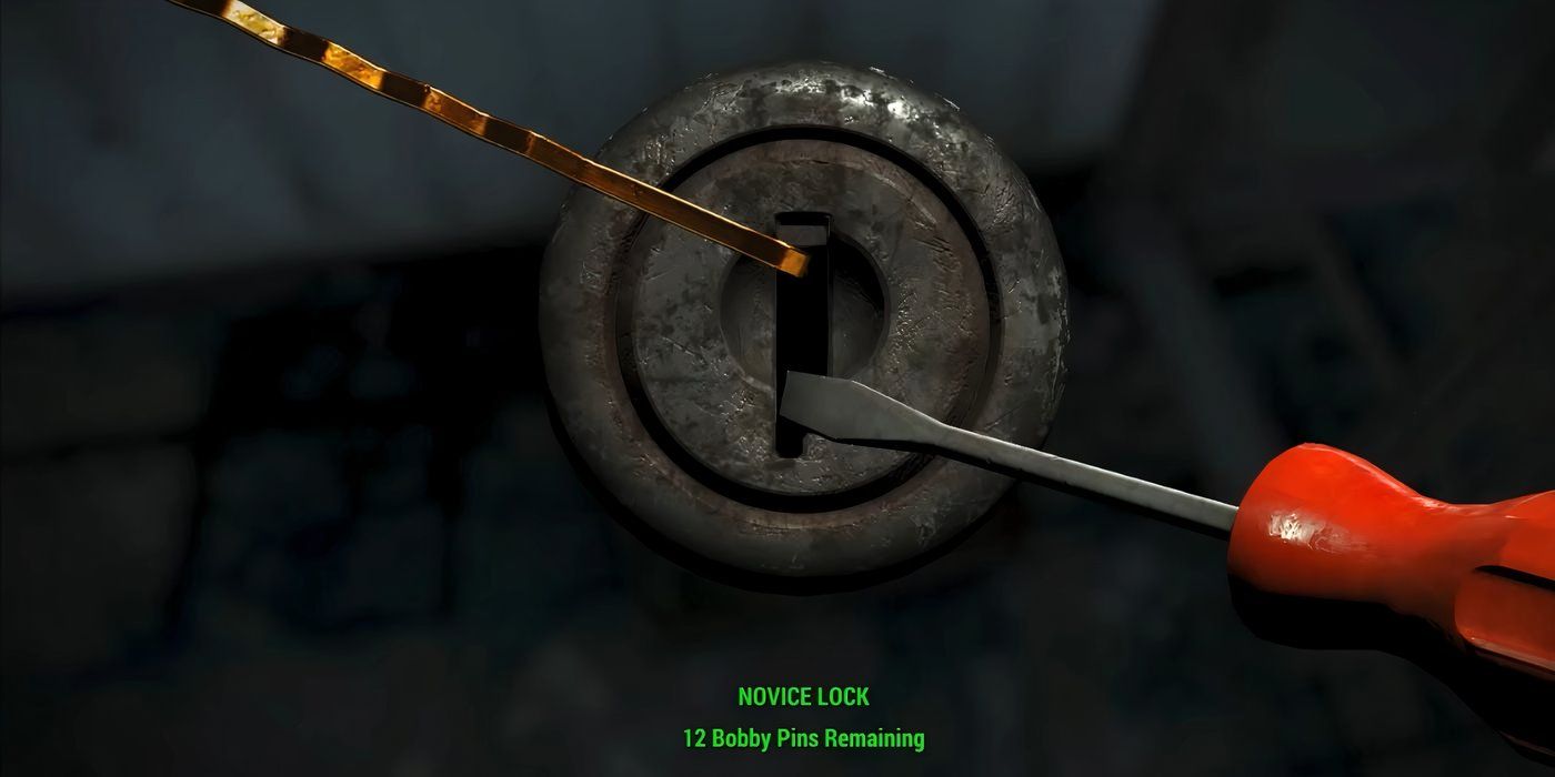 Lockpicking in Fallout 4, using a screwdriver and a lockpick to open a container.