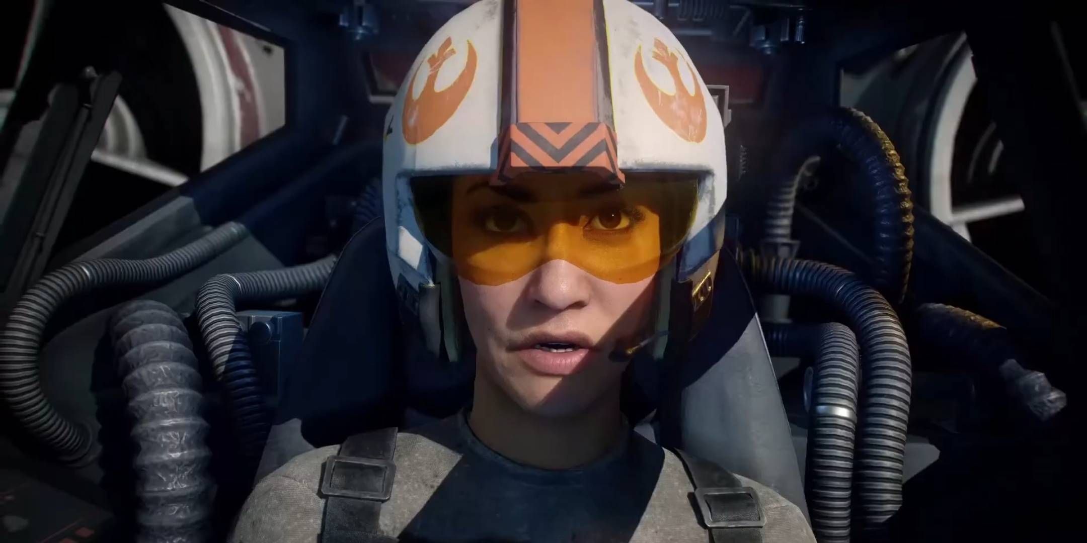 Iden Versio piloting an X-Wing starfighter in Star Wars Battlefront 2.