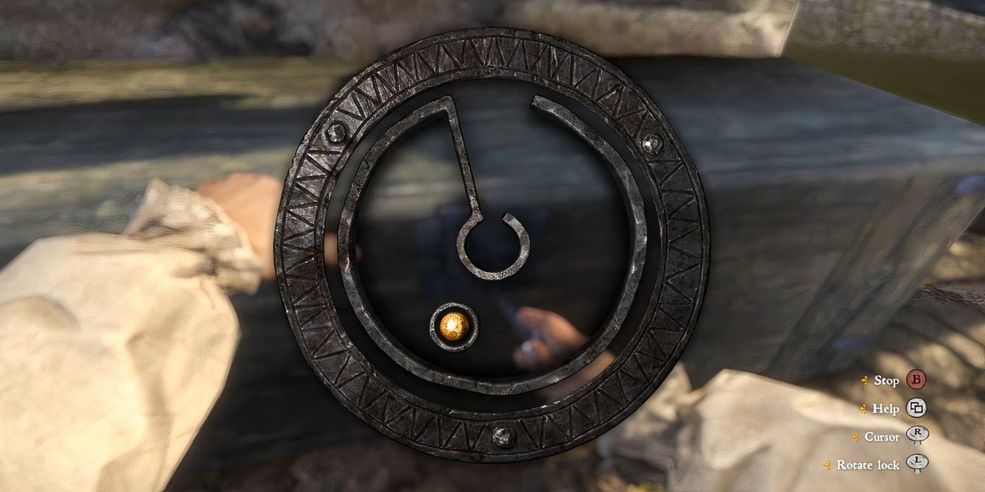 The lockpicking screen in Kingdom Come: Deliverance, showing the sweet spot highlighted.