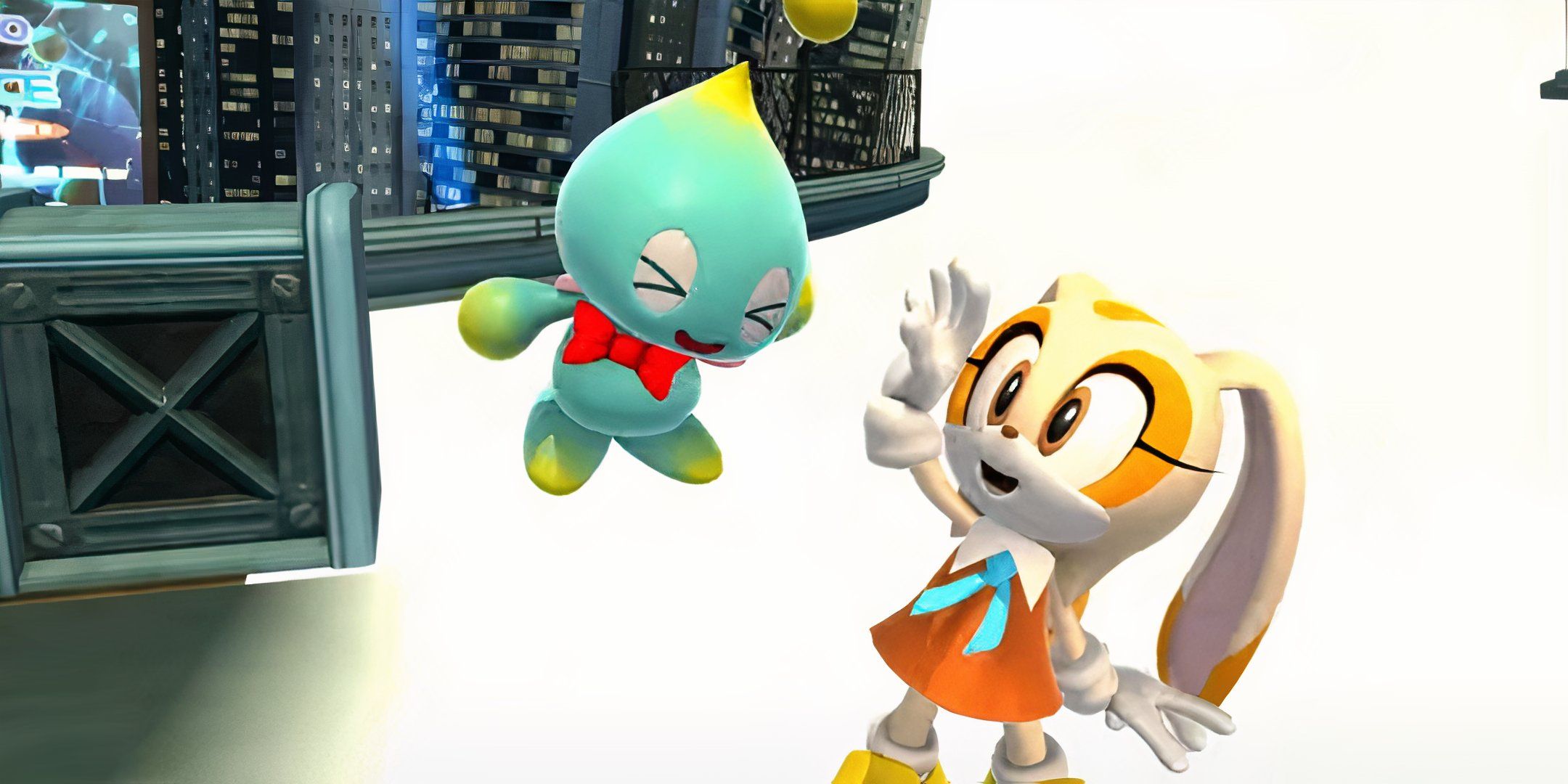 Orange rabbit high-fives a blue creature with a bowtie.