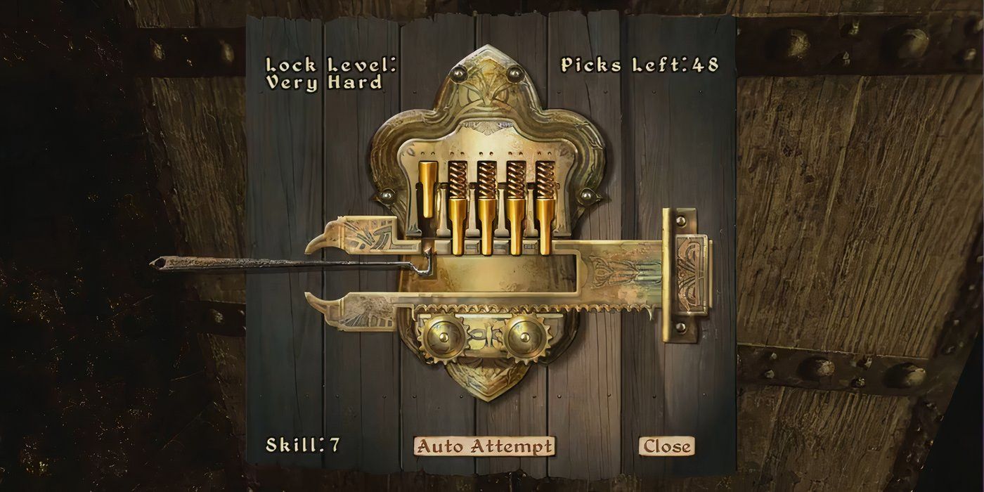 The inside of a lock in Oblivion, showing the pick manipulating the pins.