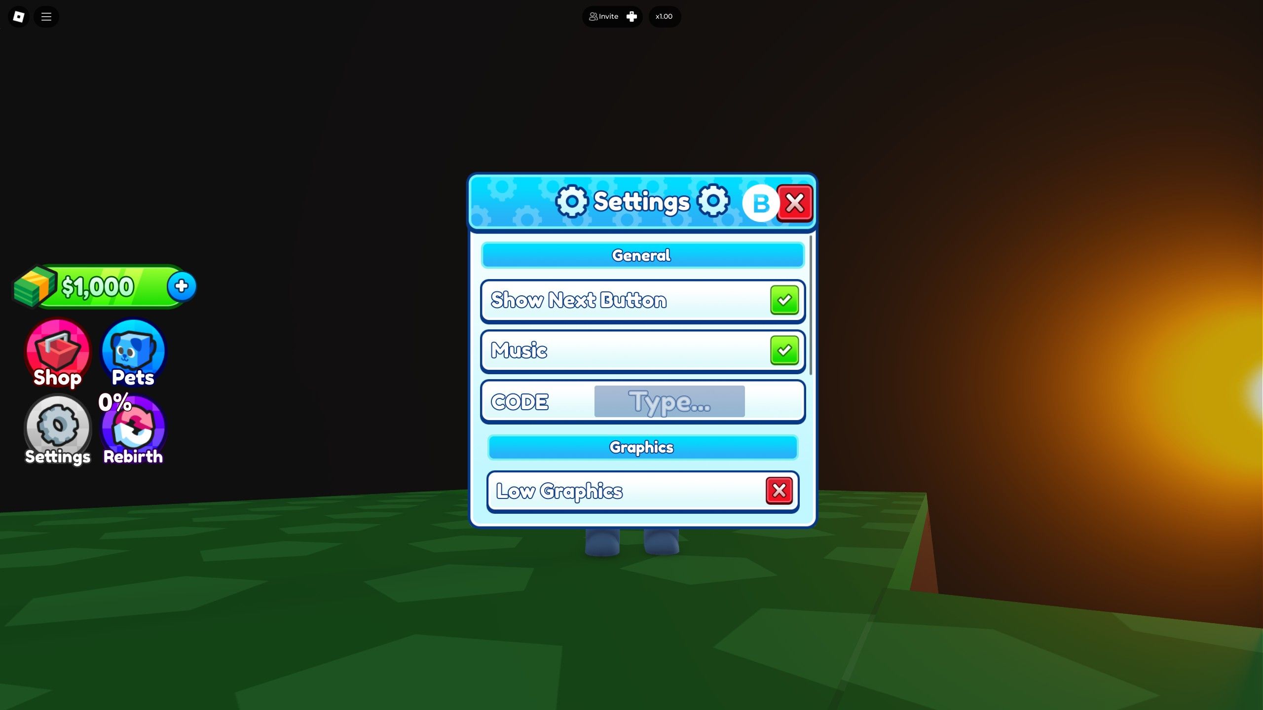 the settings menu in Skyblock Tycoon on Roblox