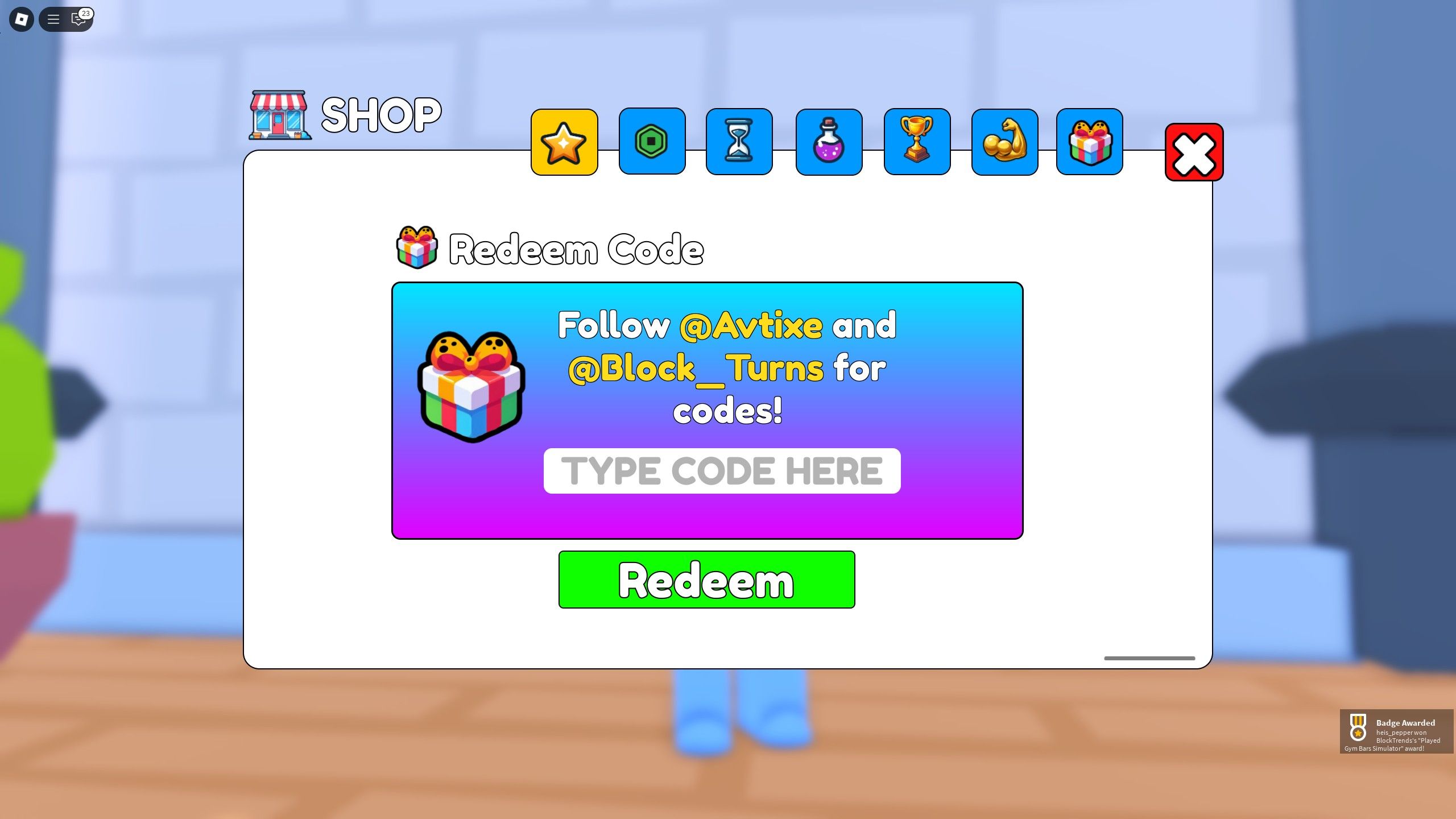 the codes box in Gym Bars Simulator on Roblox