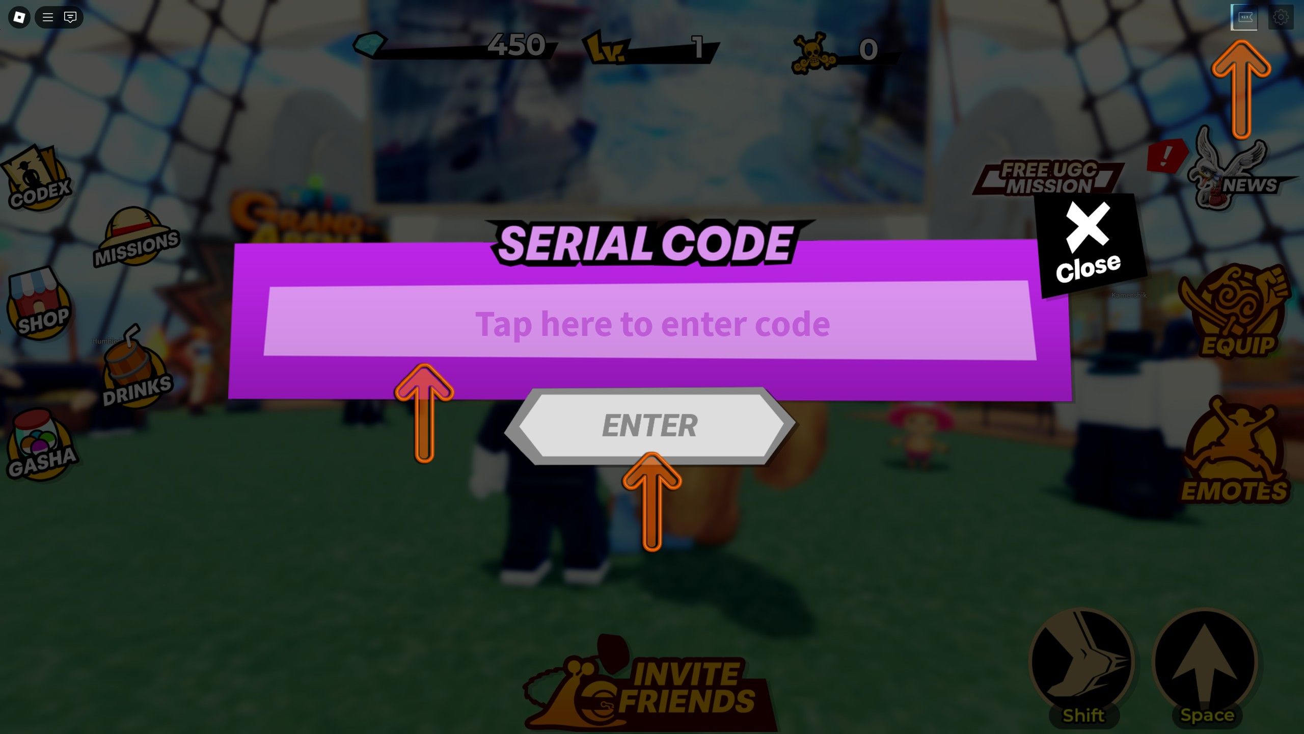 the codes box in ONE PIECE GRAND ARENA on Roblox