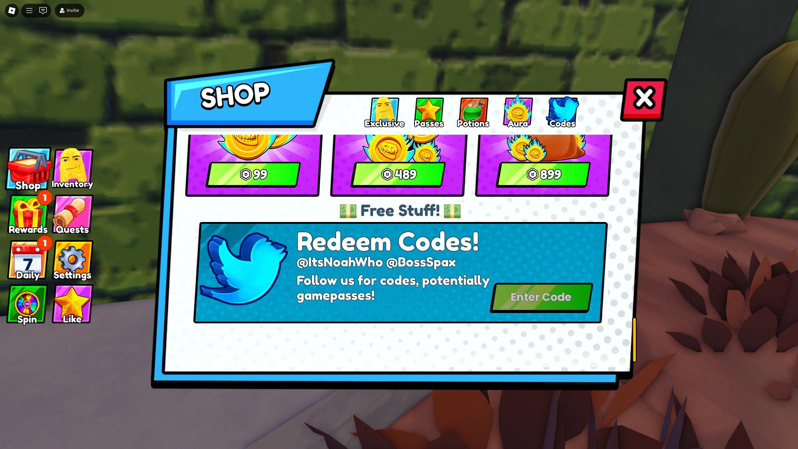 the codes box in Brainrot Tower Defense on Roblox 