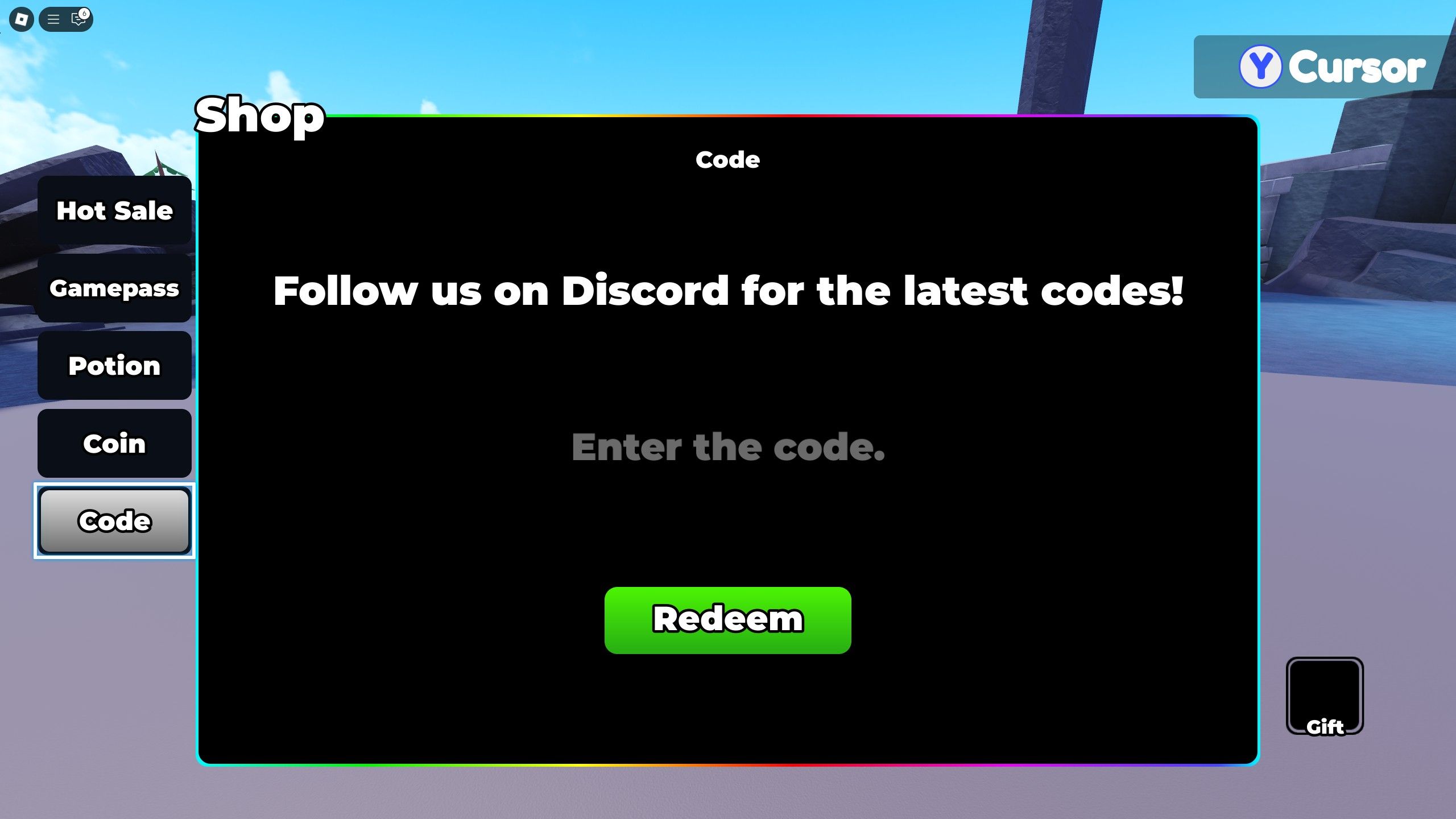 the codes box in Anime RNG TD on Roblox