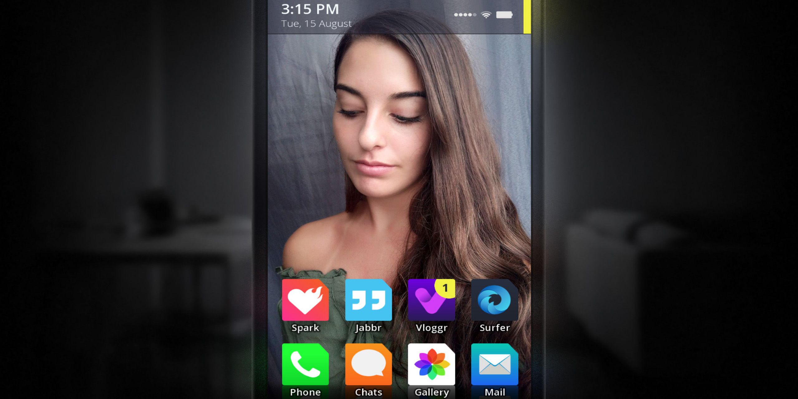 A screenshot from Simulacra in which the protagonist holds a smart phone with a young woman as the wallpaper.