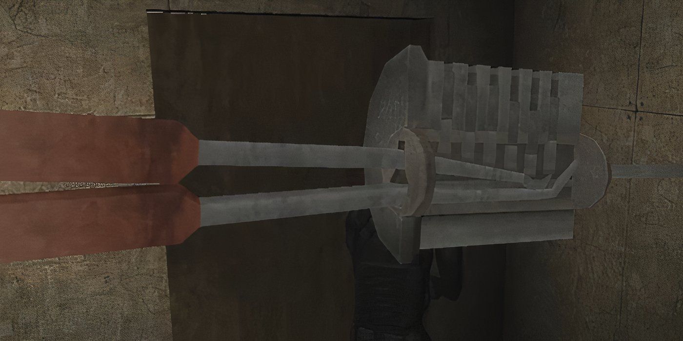 The lockpicking screen in Splinter Cell, showing the tumblers on the inside of the lock.