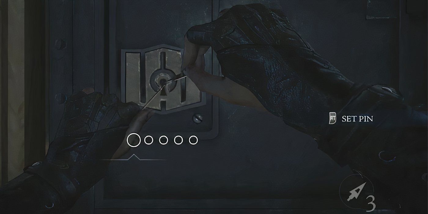 The main character using a lockpick on an unopened lock.