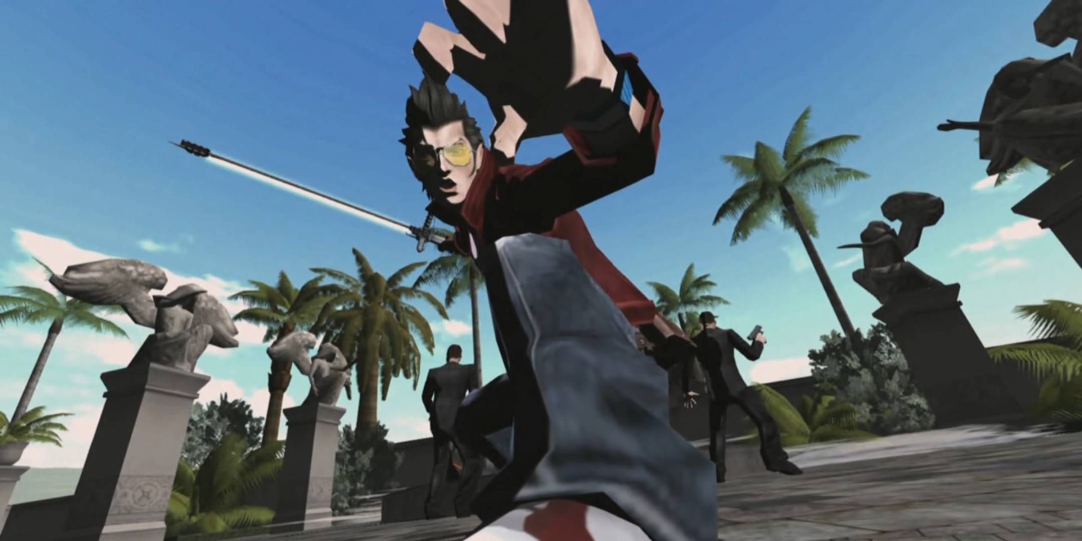 Travis Touchdown posing with his beam katana after defeating some enemies in No More Heroes.