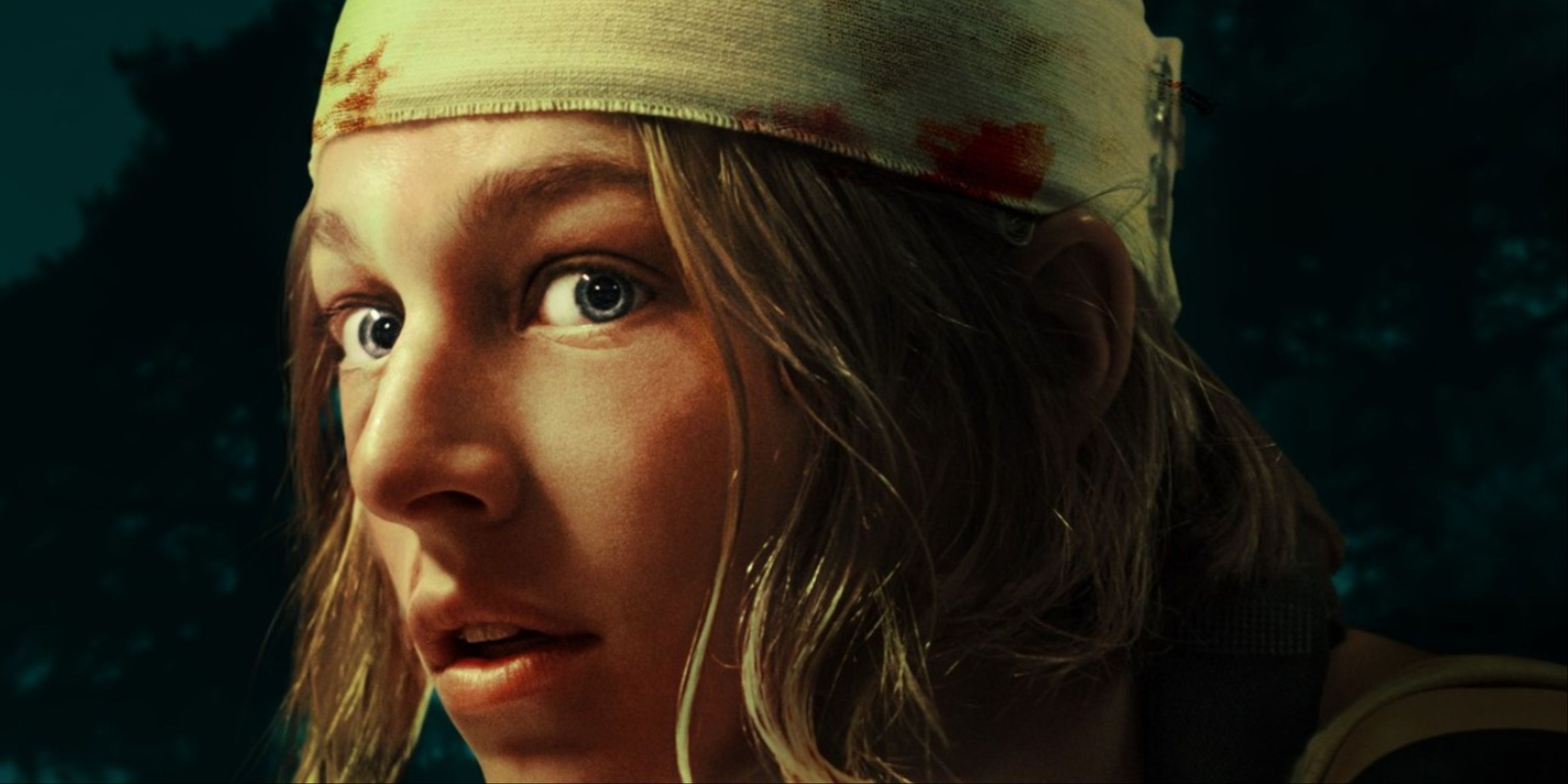 A close-up of Hunter Schafer with a bandaged forehead as seen on the main art for Cuckoo.