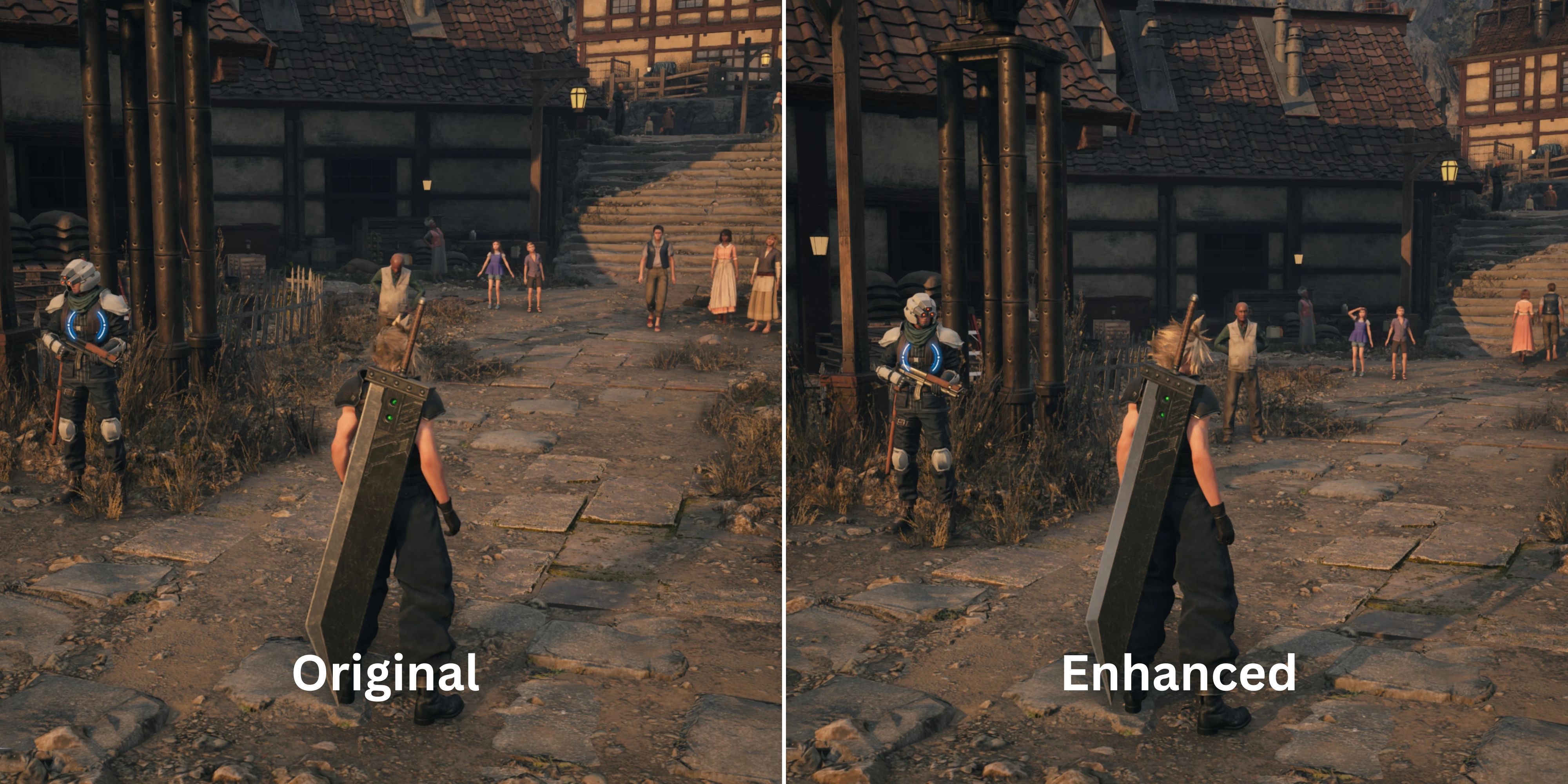 A screenshot from Final Fantasy 7 rebirth shows the original graphics on the left and enhanced graphics on the right.