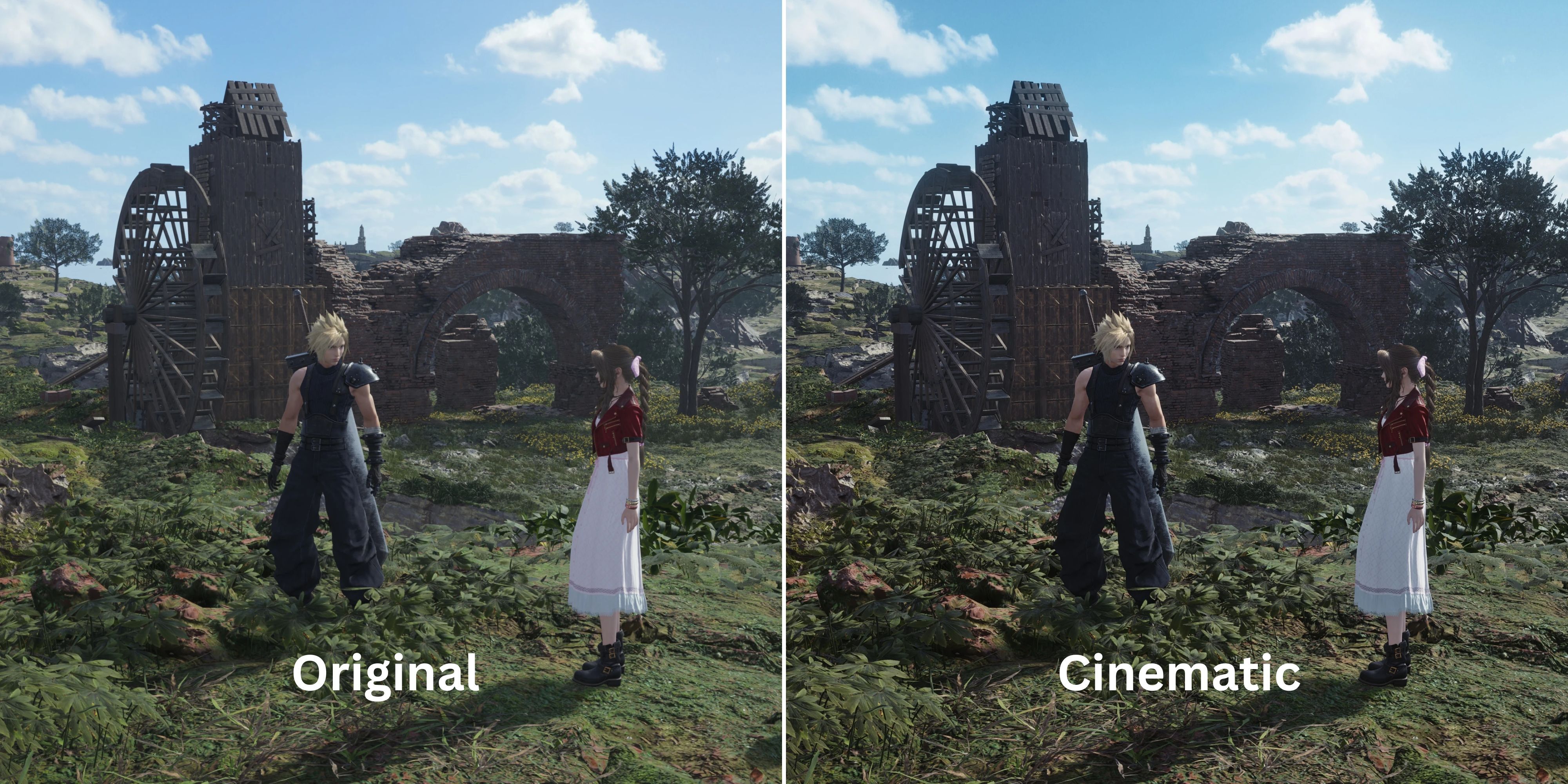 A screenshot from Final Fantasy 7 rebirth shows the original lighting on the left and cinematic lighting on the right.