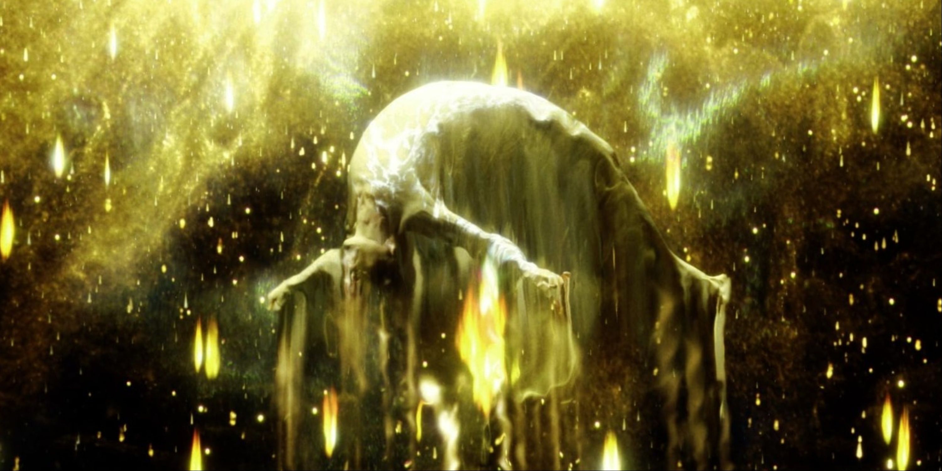 A striking visual of a woman in a gown levitating on her back as yellow embers float around her in The Fountain.