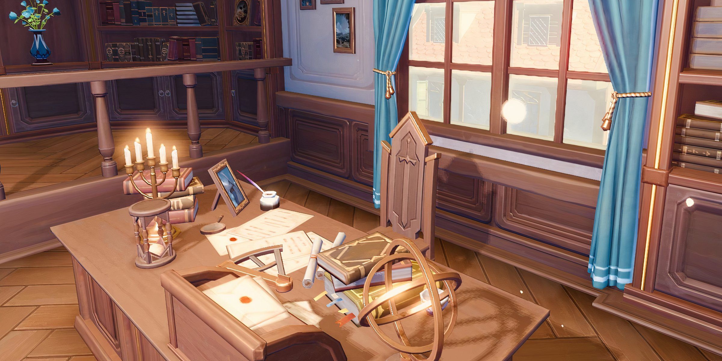 A empty chair inside the Head of The Knights of Favonius Office, surrounded by many books trinkets and objects with a window behind in The Knights of Favonius HQ In Mondstadt In Genshin Impact.