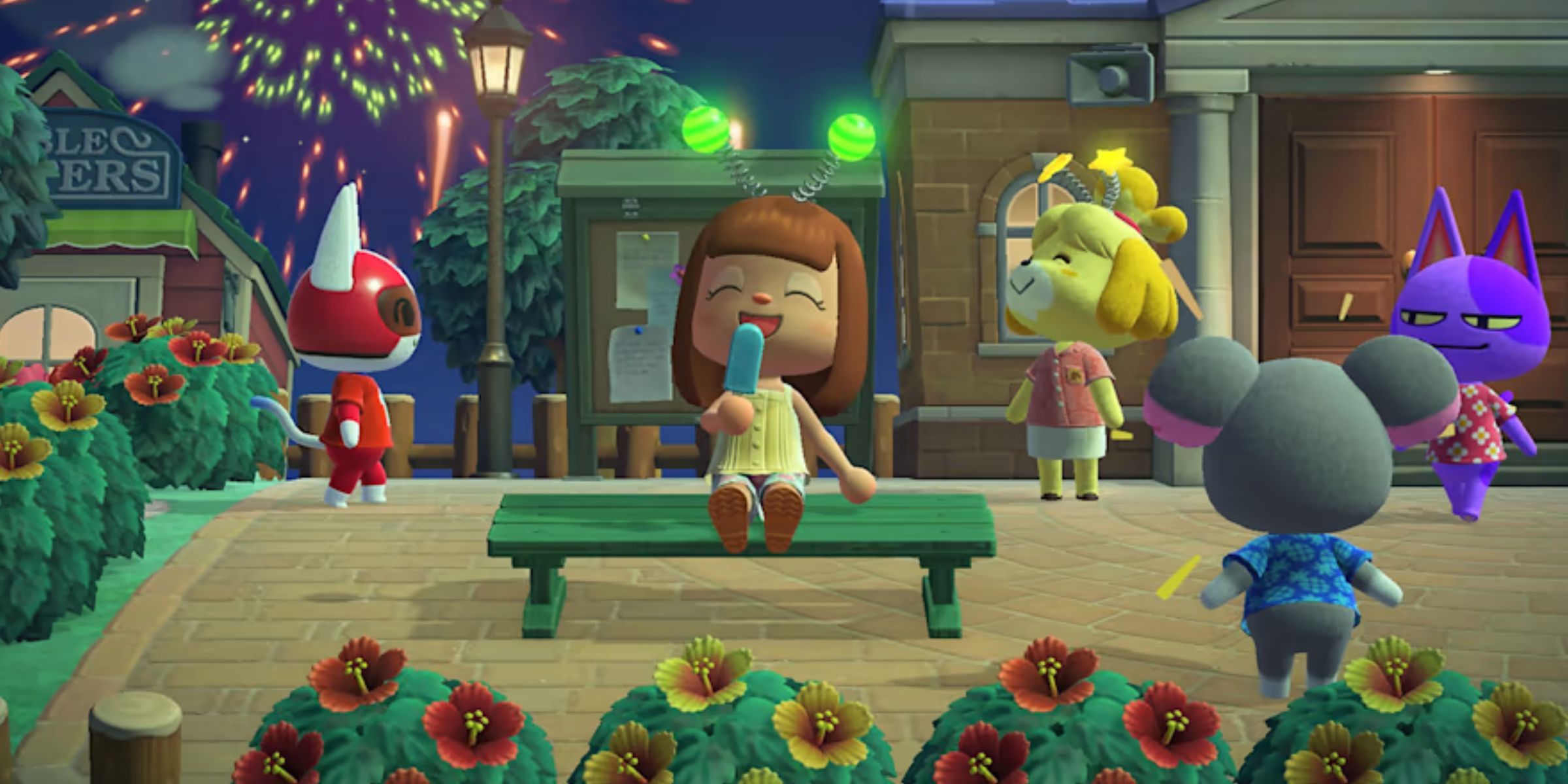 A Player Villager Sat Outside Town Hall With The Animal Characters Kid Cat, Isabelle, Gonzo, And Bob Around Them In Animal Crossing: New Horizons.