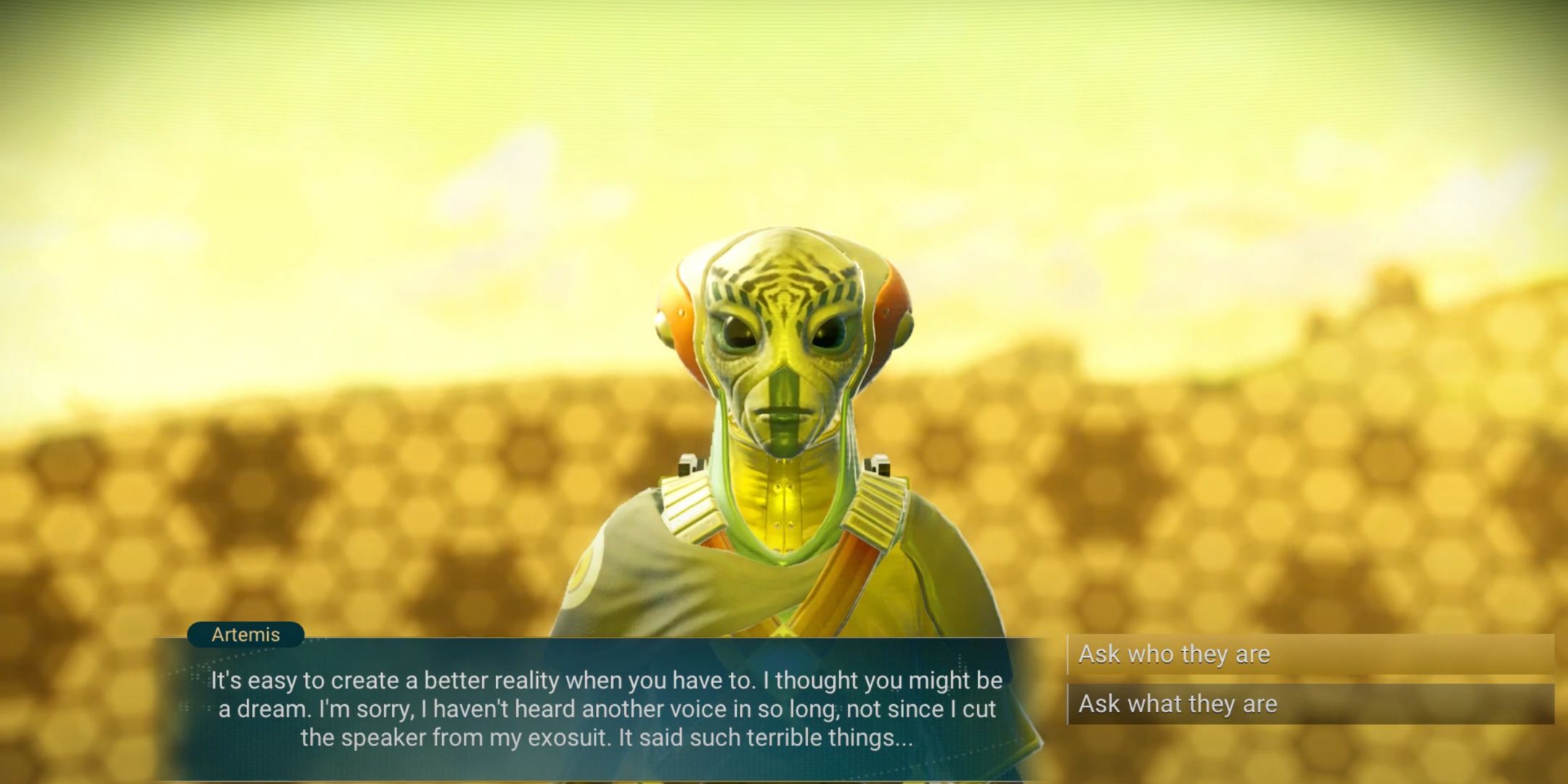 Asking Artemis about who they are in No Man's Sky.