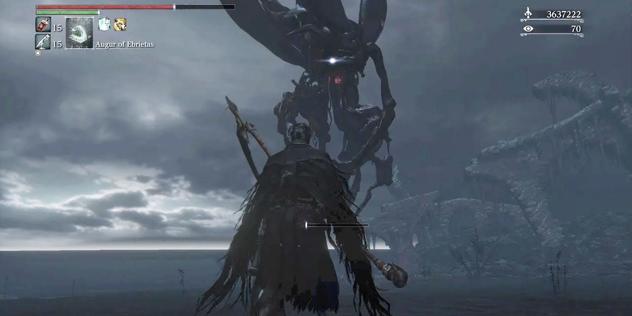 Bloodborne player fighting the Moon Presence in the ocean.