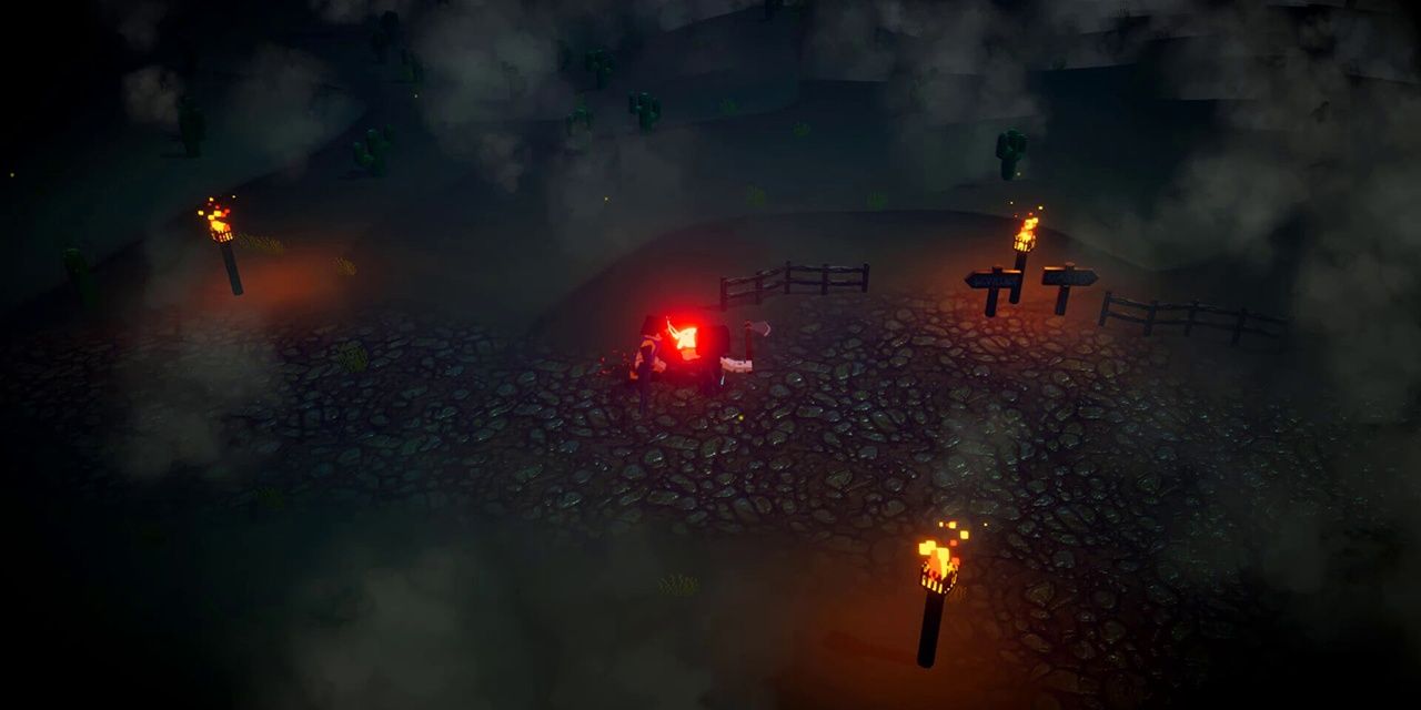 Brothers In Hell: Killing a cultist with an axe at close range in a haunted landscape.