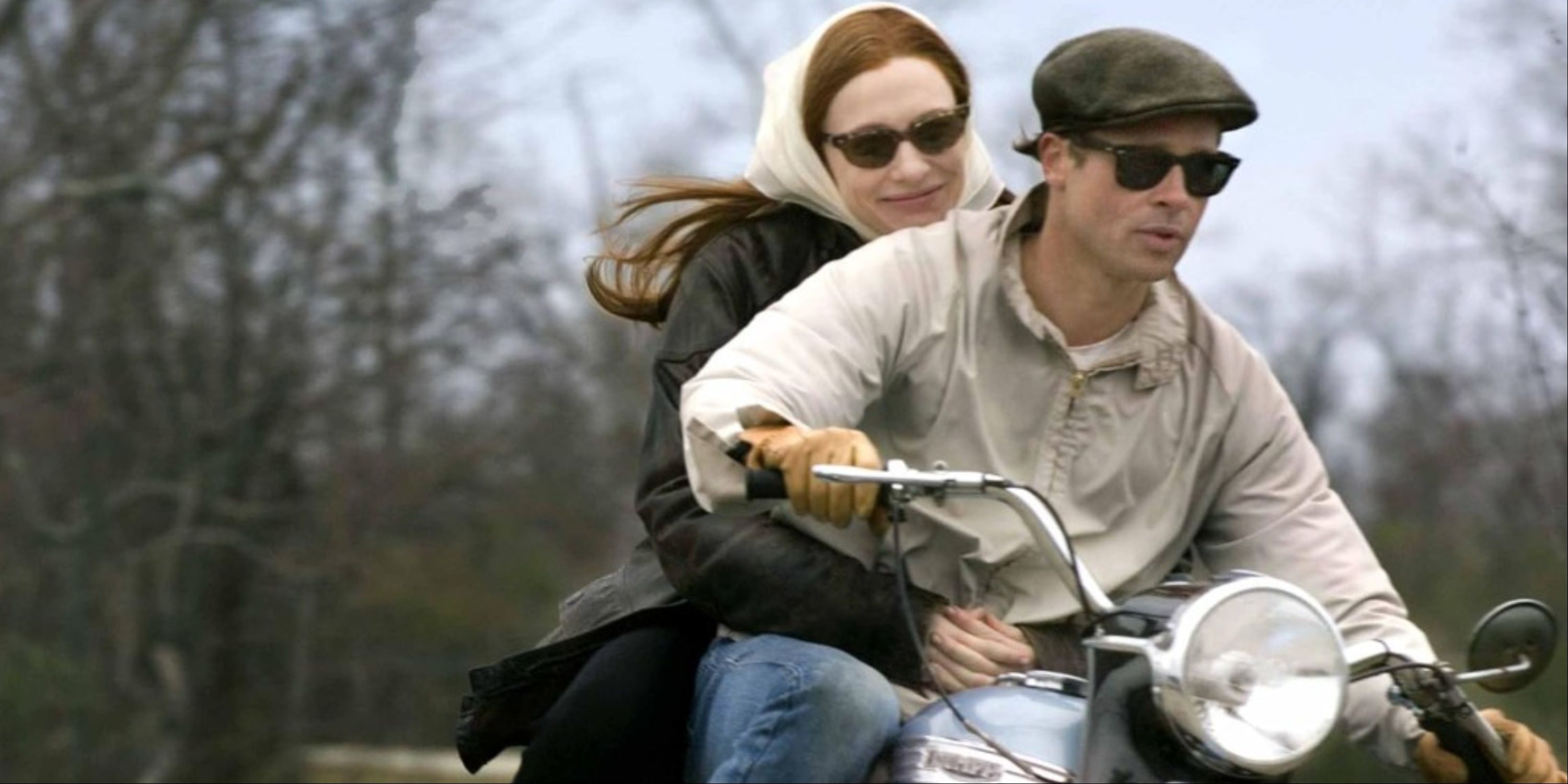 Cate Blanchett and Brad Pitt on a motorcycle in The Curious Case of Benjamin Button.