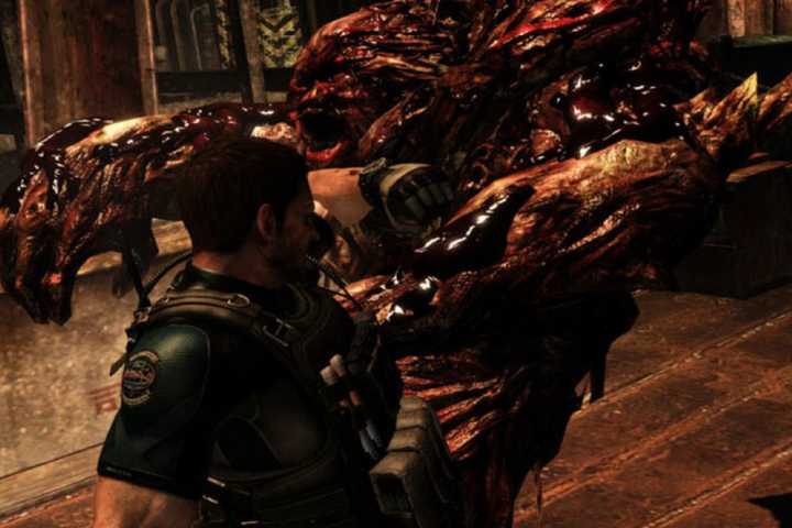 Chris Redfield fighting back a giant monster in Resident Evil 6.