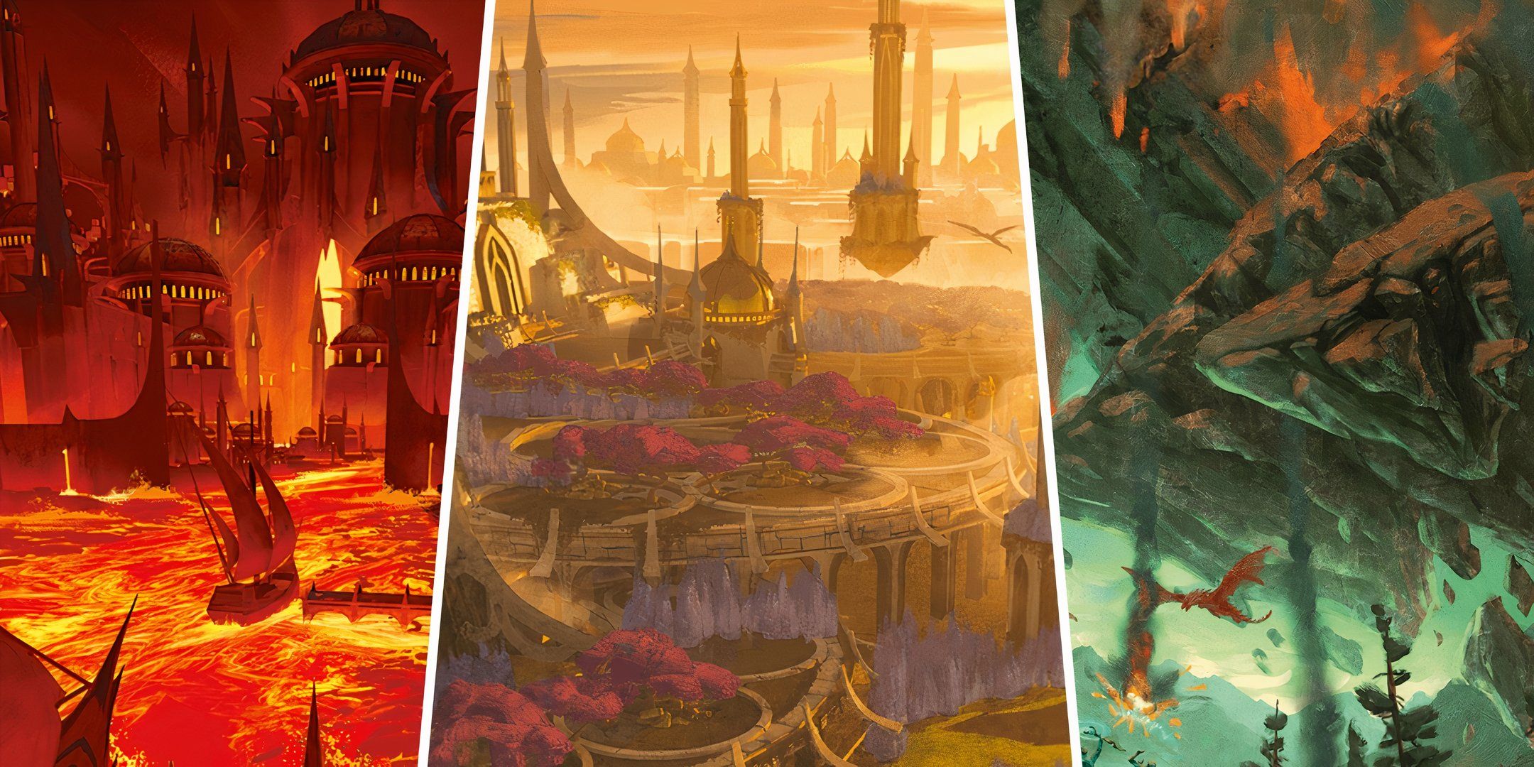 Three elemental planes, air, fire, and earth in a split image in Dungeons & Dragons.