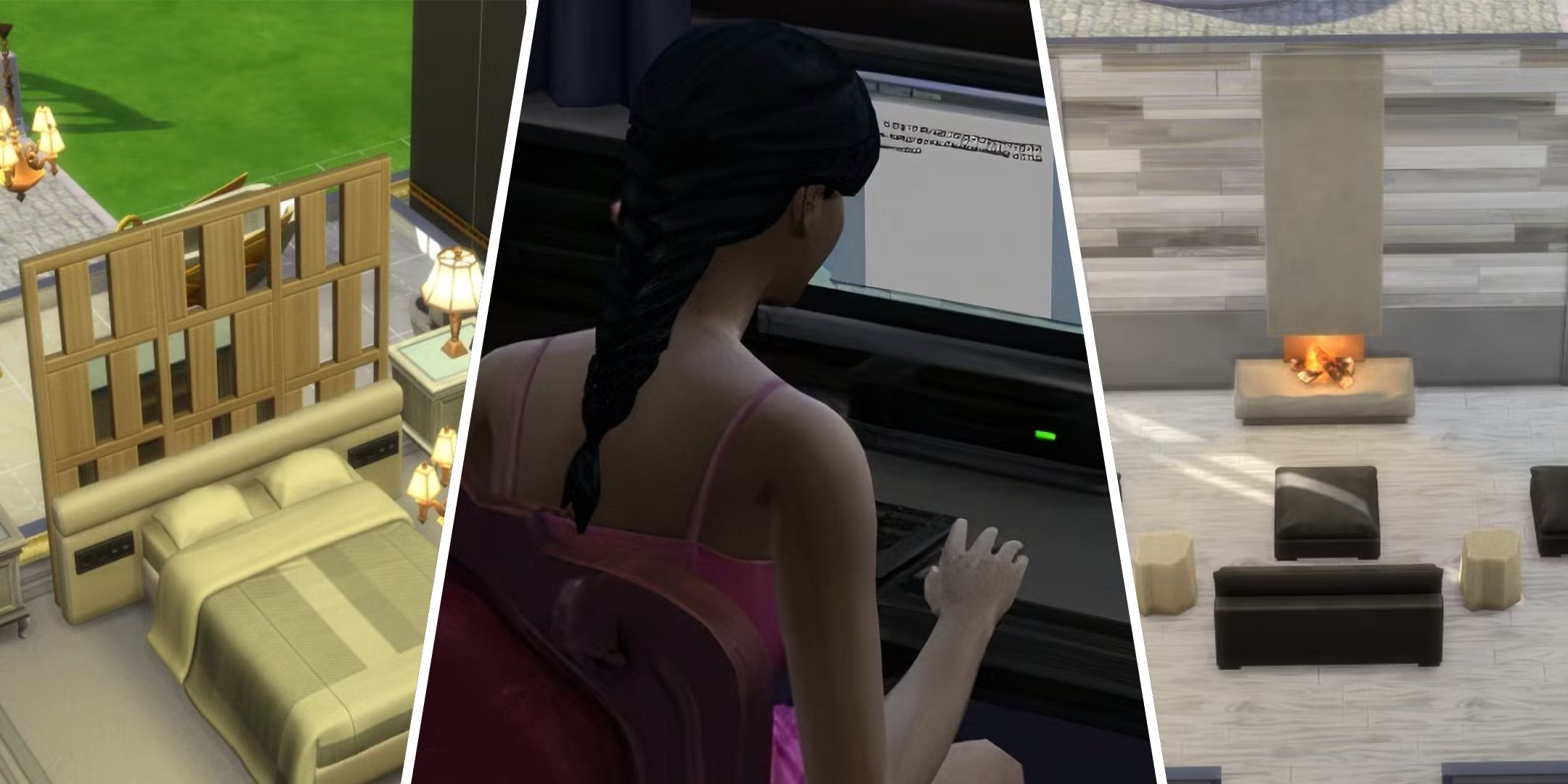 Image of a bedroom using Felixandre's SOHO Part Five Collection By Felixandre, a Sim typing on her computer, and a living room using furniture from The Klean Collection - Part Five by HeyHarrie for The Sims 4.