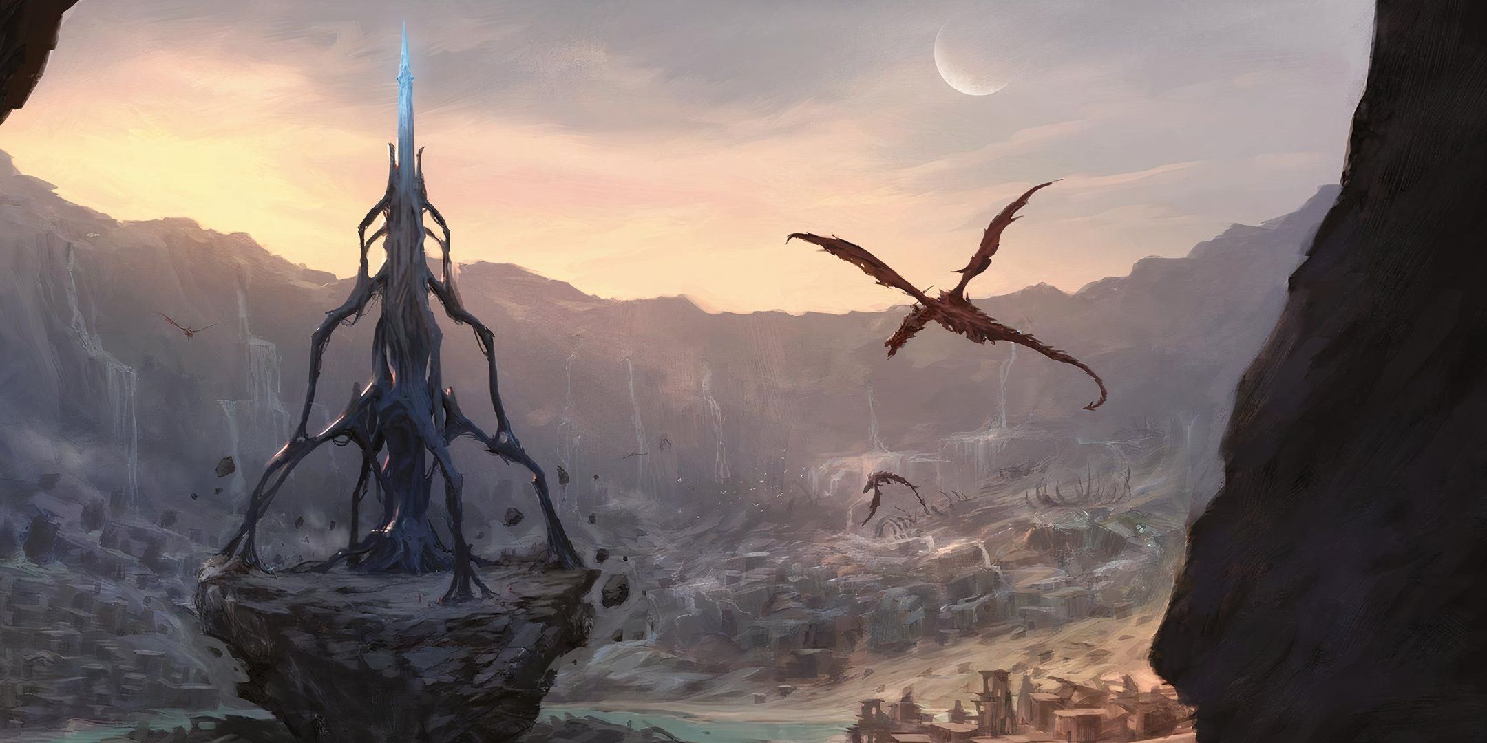 A dragon flying over a desolate wasteland in Dungeons & Dragons. 