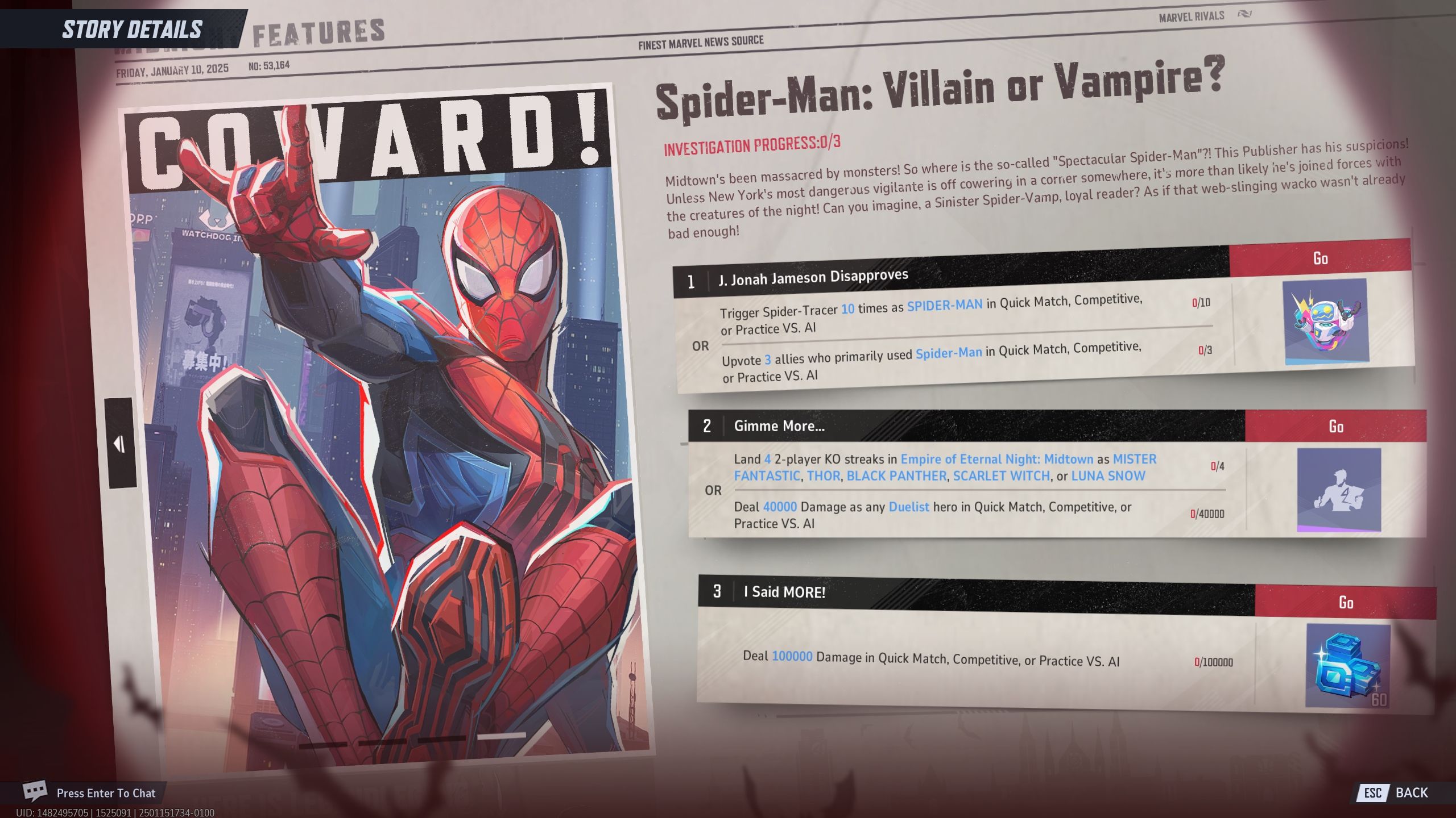 Coward! event page challenges and rewards in Marvel Rivals