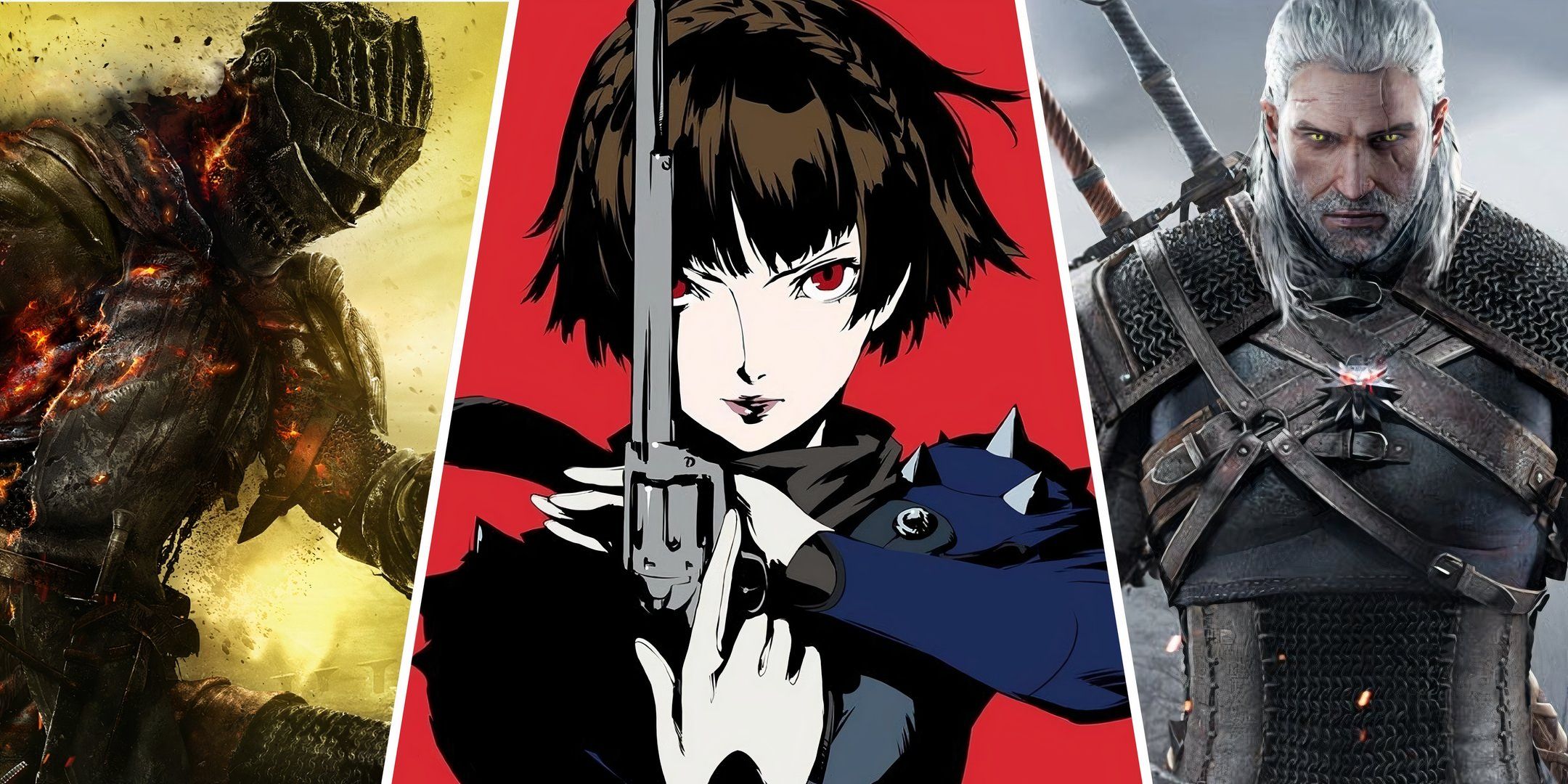 Dark Souls 3 Persona 5 and Witcher 3 protagonists in a collage.