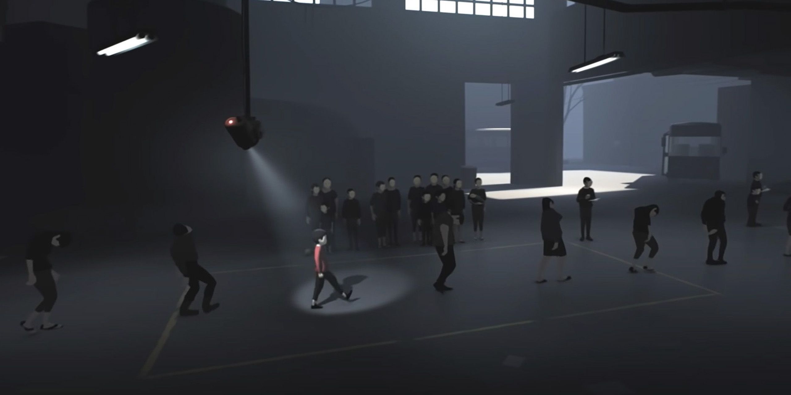 A screenshot from Inside, showing a boy walking in a line of zombies.