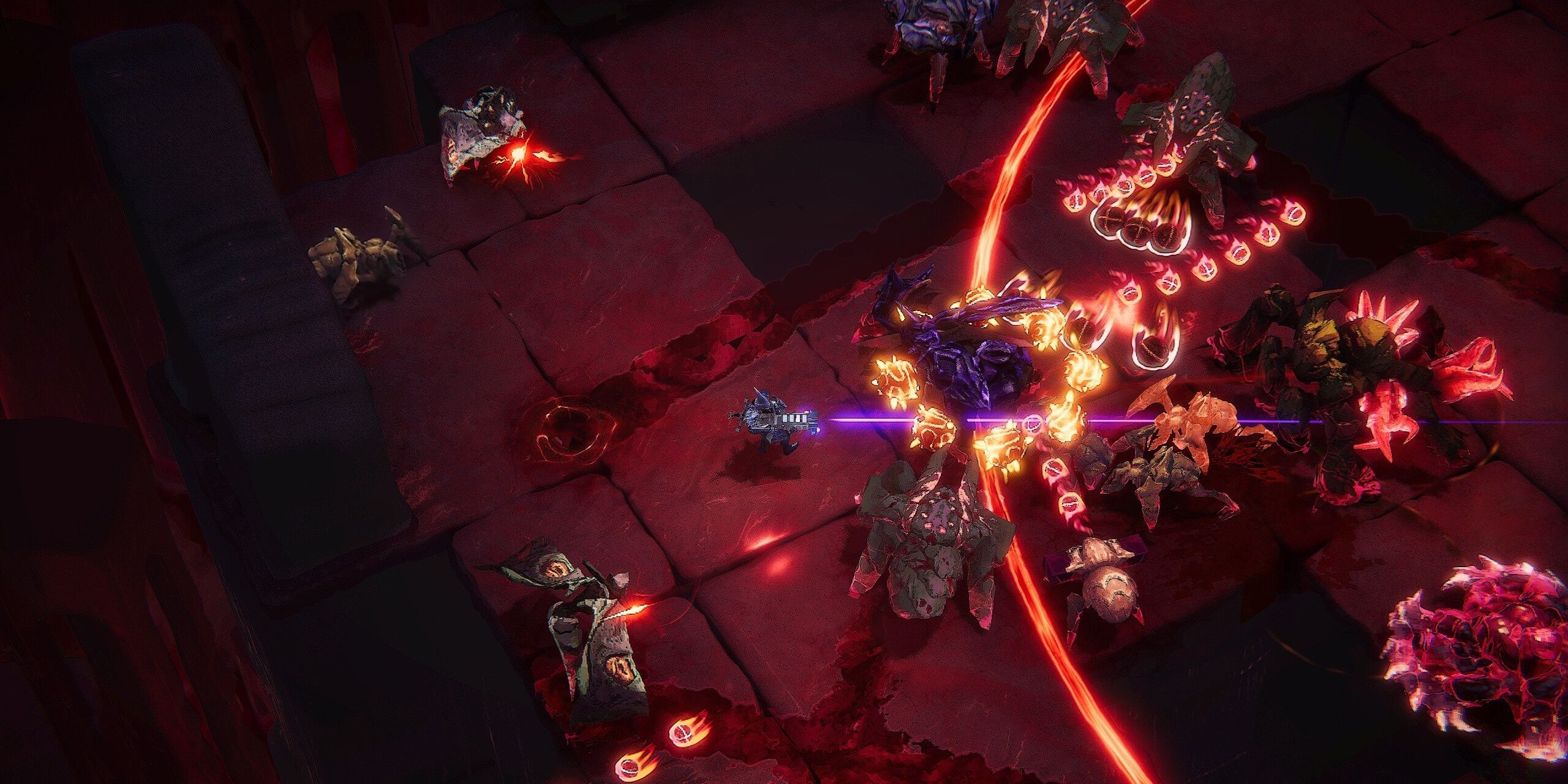 Kill Knight: Monsters filling the screen with projectile attacks in the abyss.