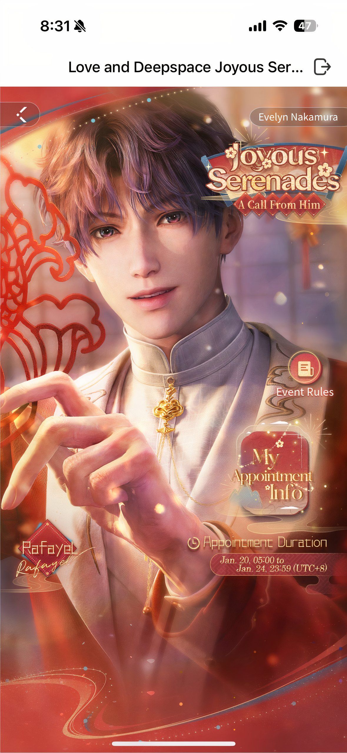 Love And Deepspace: An image of Rafayel in the Joyous Serenades event menu.