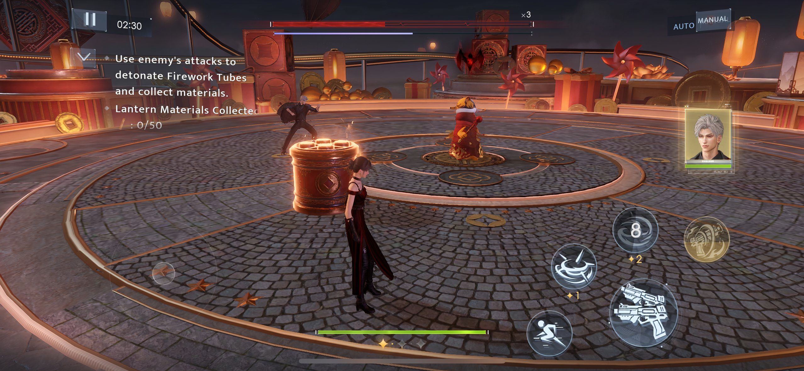 Love And Deepspace: An image of Sylus and the player fighting Pumpkin Magus in Shadow Pursuit.