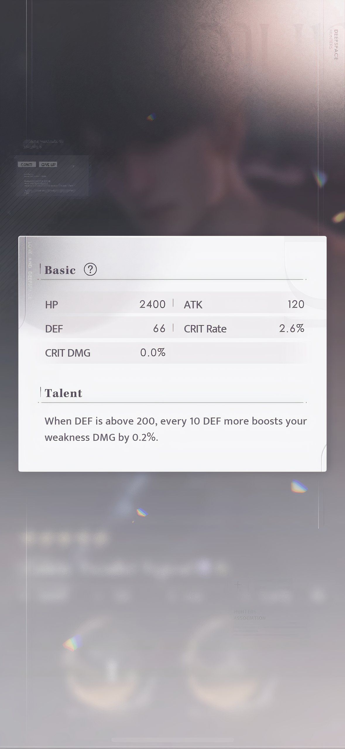 Love And Deepspace: An image of the base stat block for Caleb: Painful Signal.