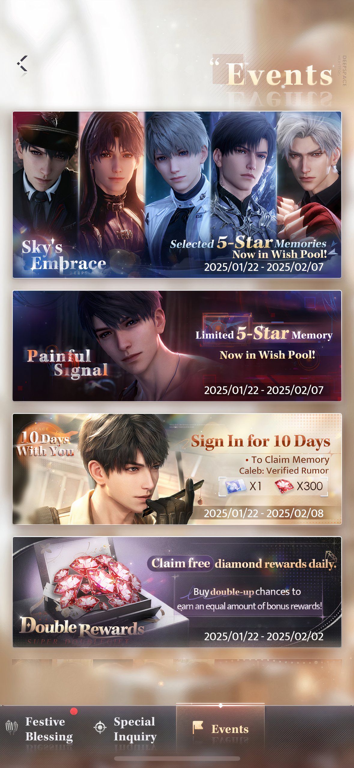 Love And Deepspace: An image of the events screen.