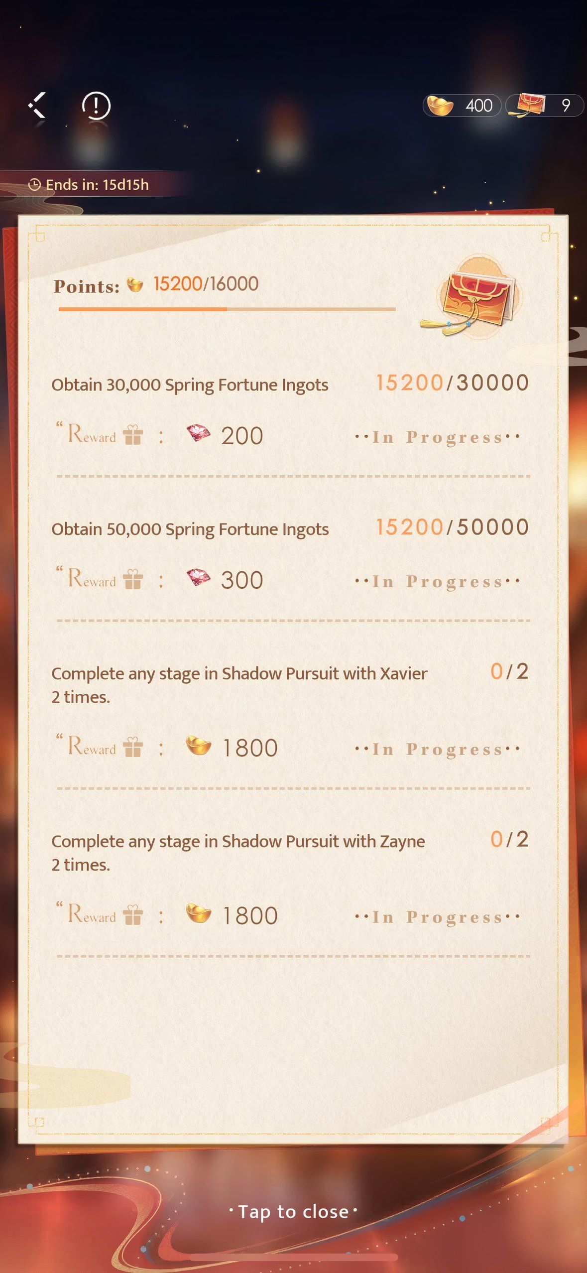 Love And Deepspace: An image of the Spring Tally screen.