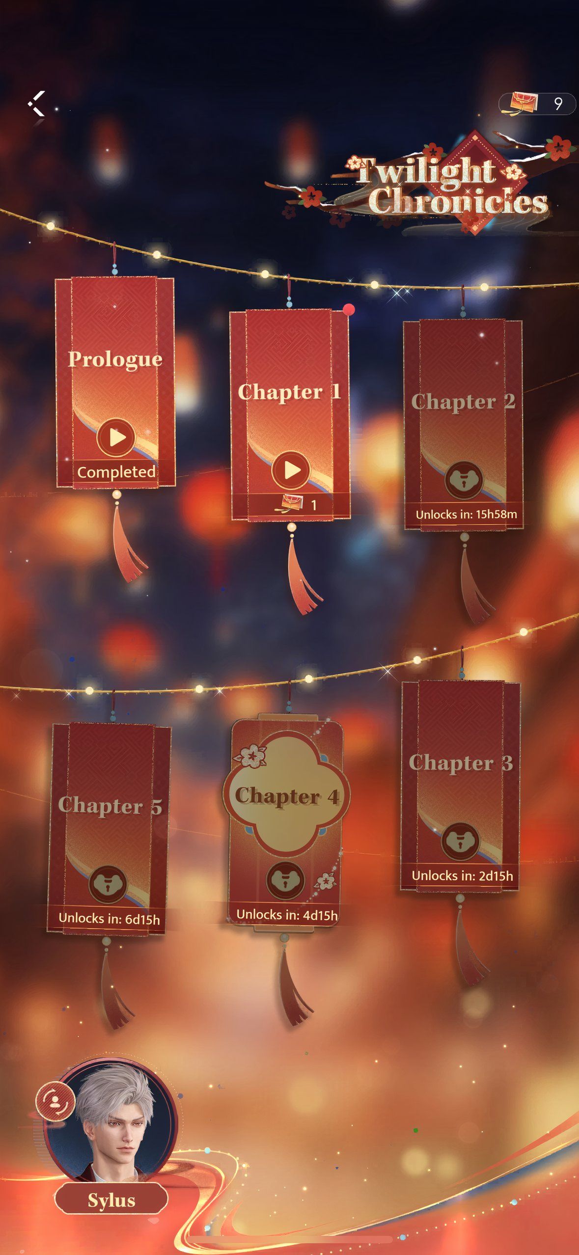 Love And Deepspace: An image of the Twilight Chronicles story stage menu.