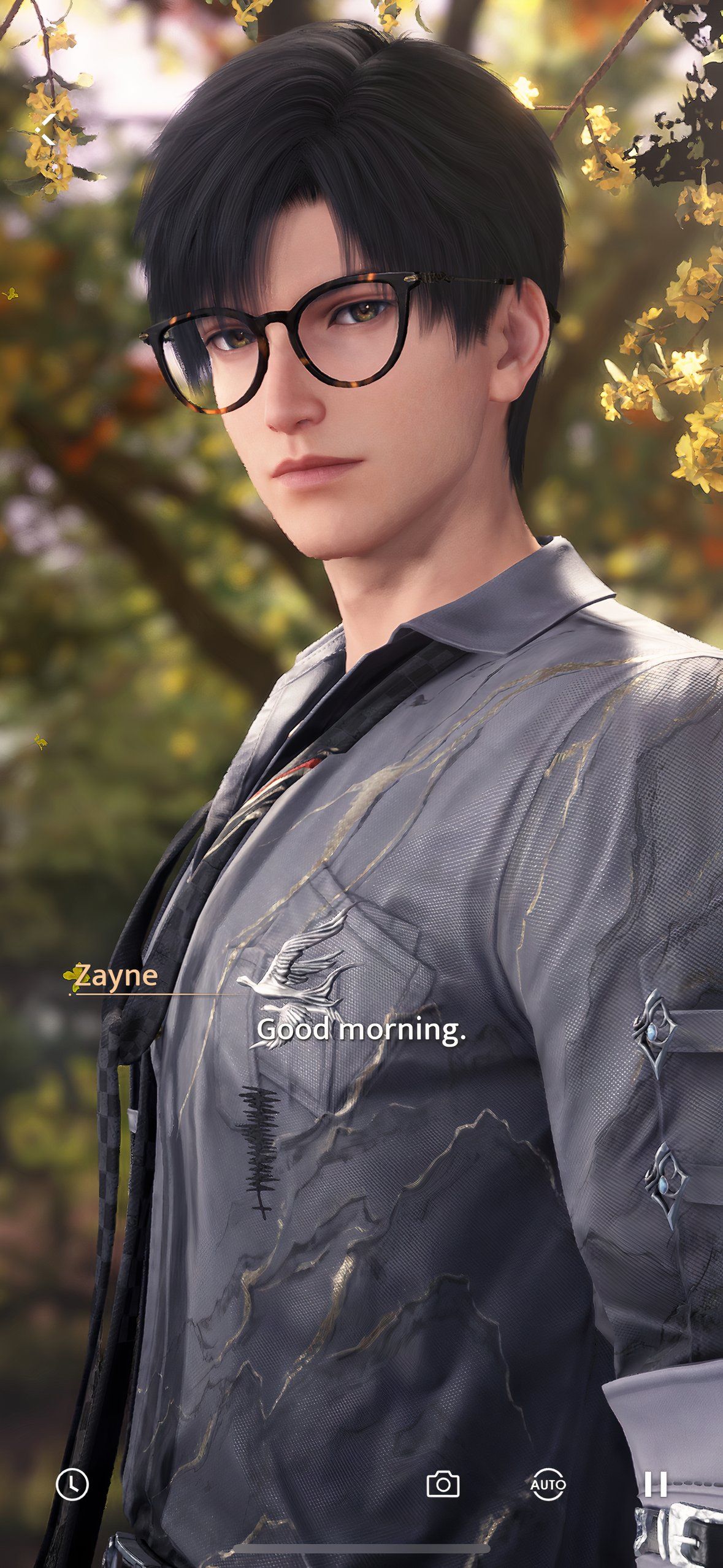 Love And Deepspace: An image of Zayne in Illusio attire saying 'good morning' to the player.