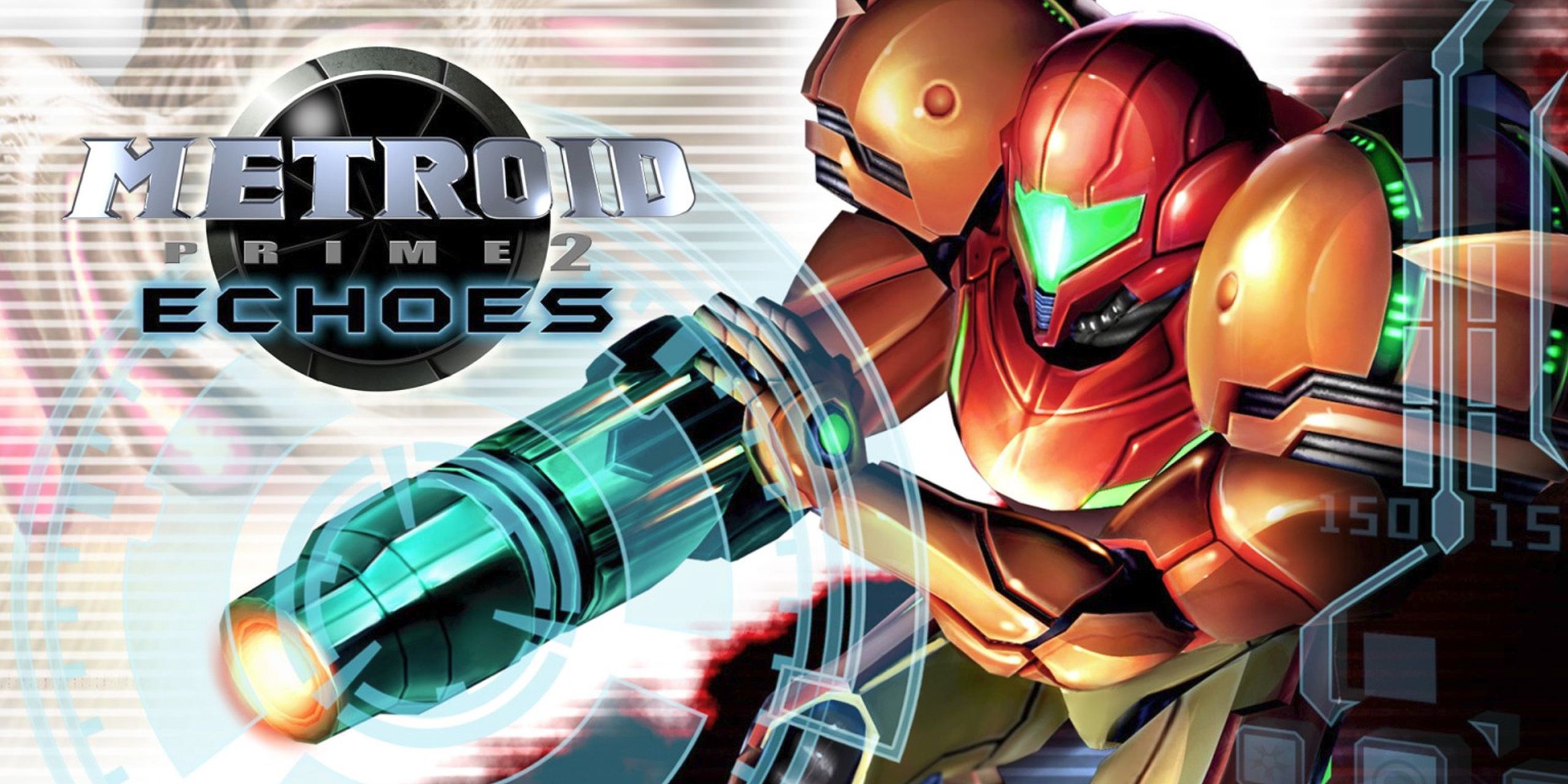 Cover art for Metroid Prime 2, showing Samus aiming her gun off-screen.