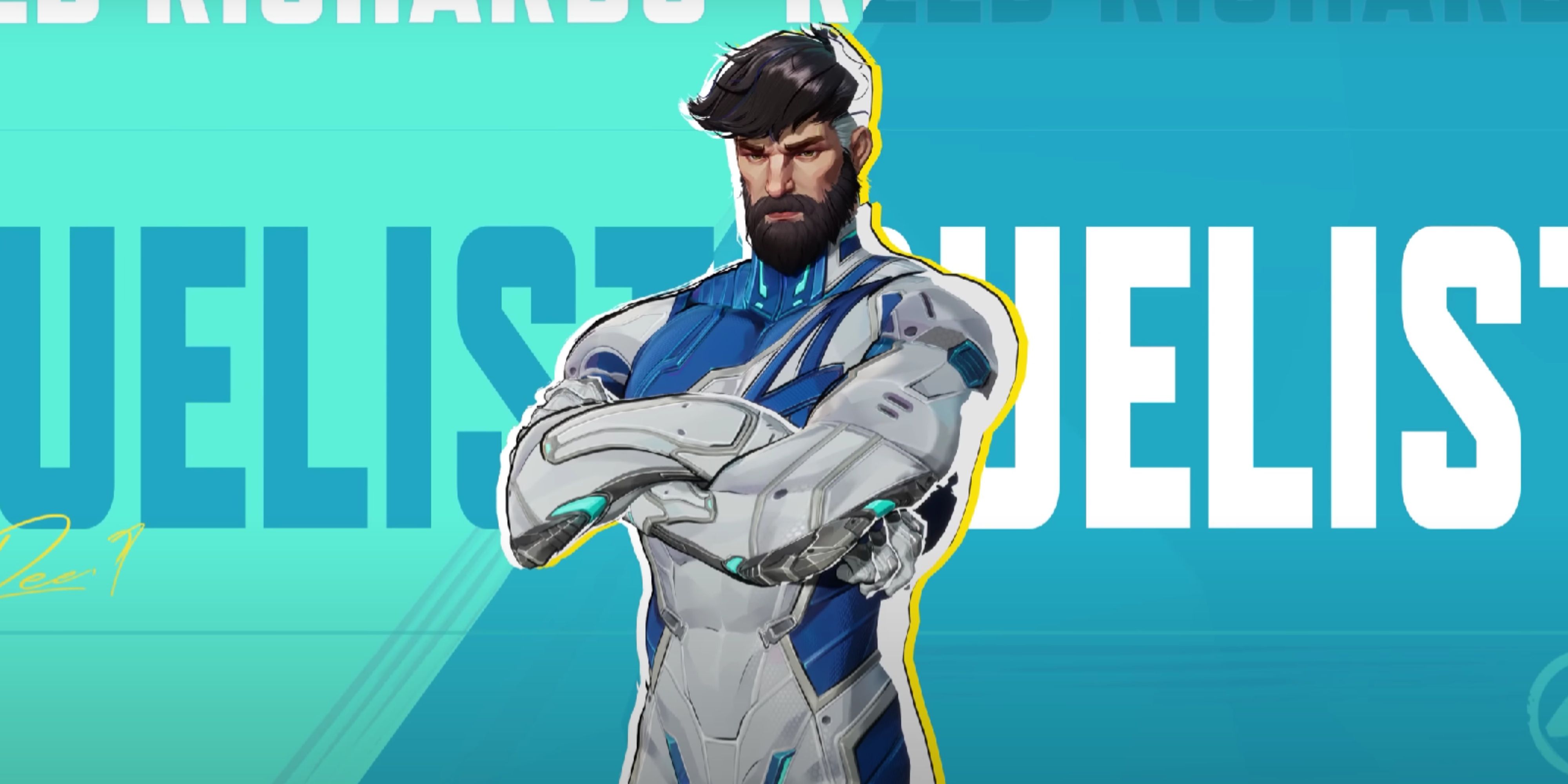 mister fantasttic with the word duelist behind him in marvel rivals.