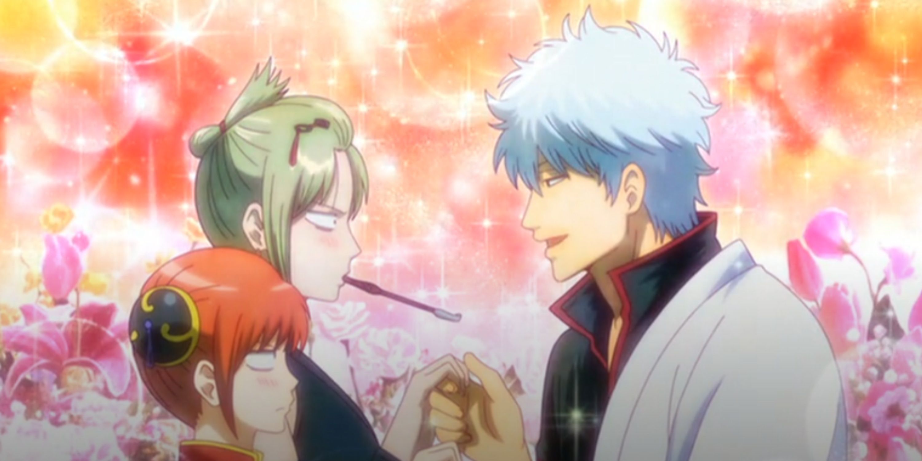 Gintoki attempts to charm Tsukuyo and Kagura while under a love potion in Gintama.