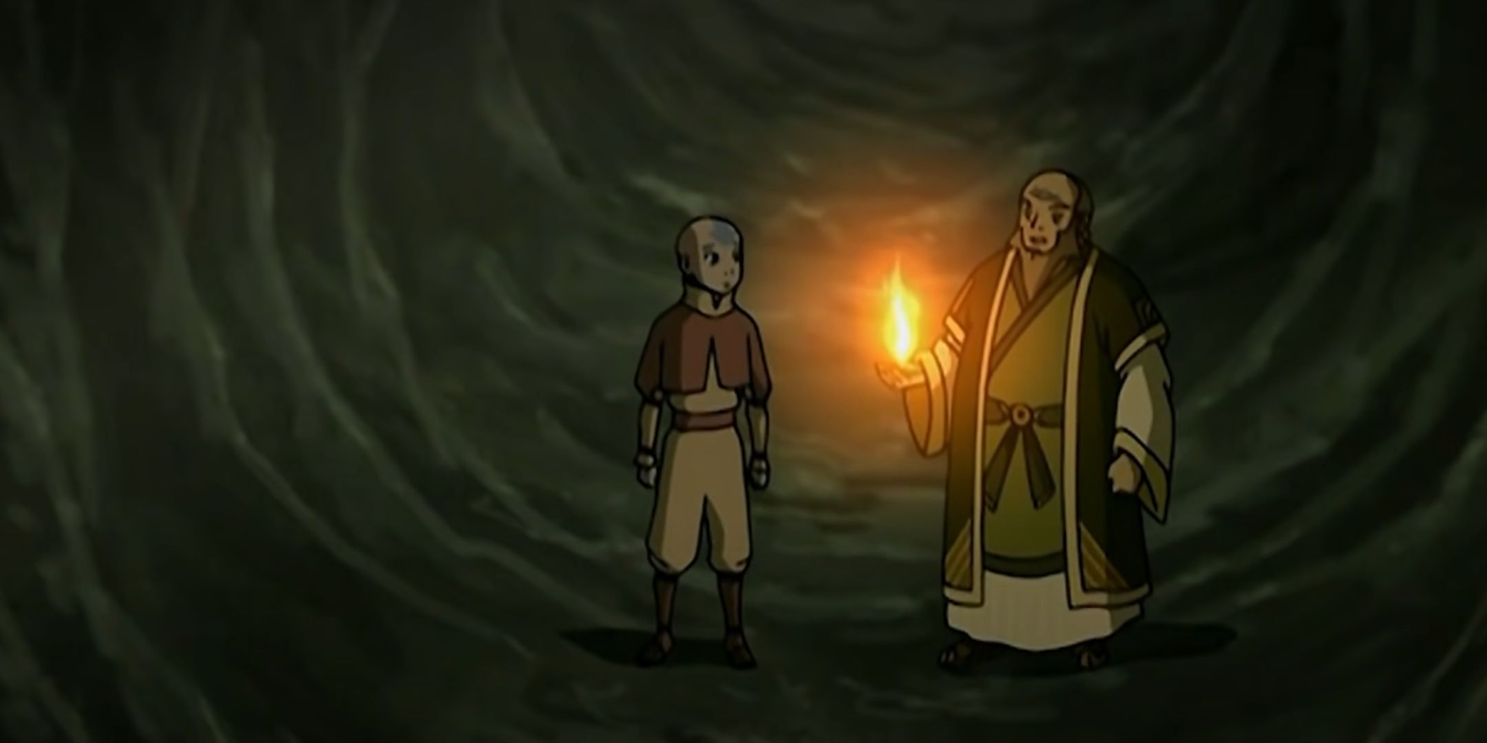 Aang and Iroh speak in the tunnels below Ba Sing Se.